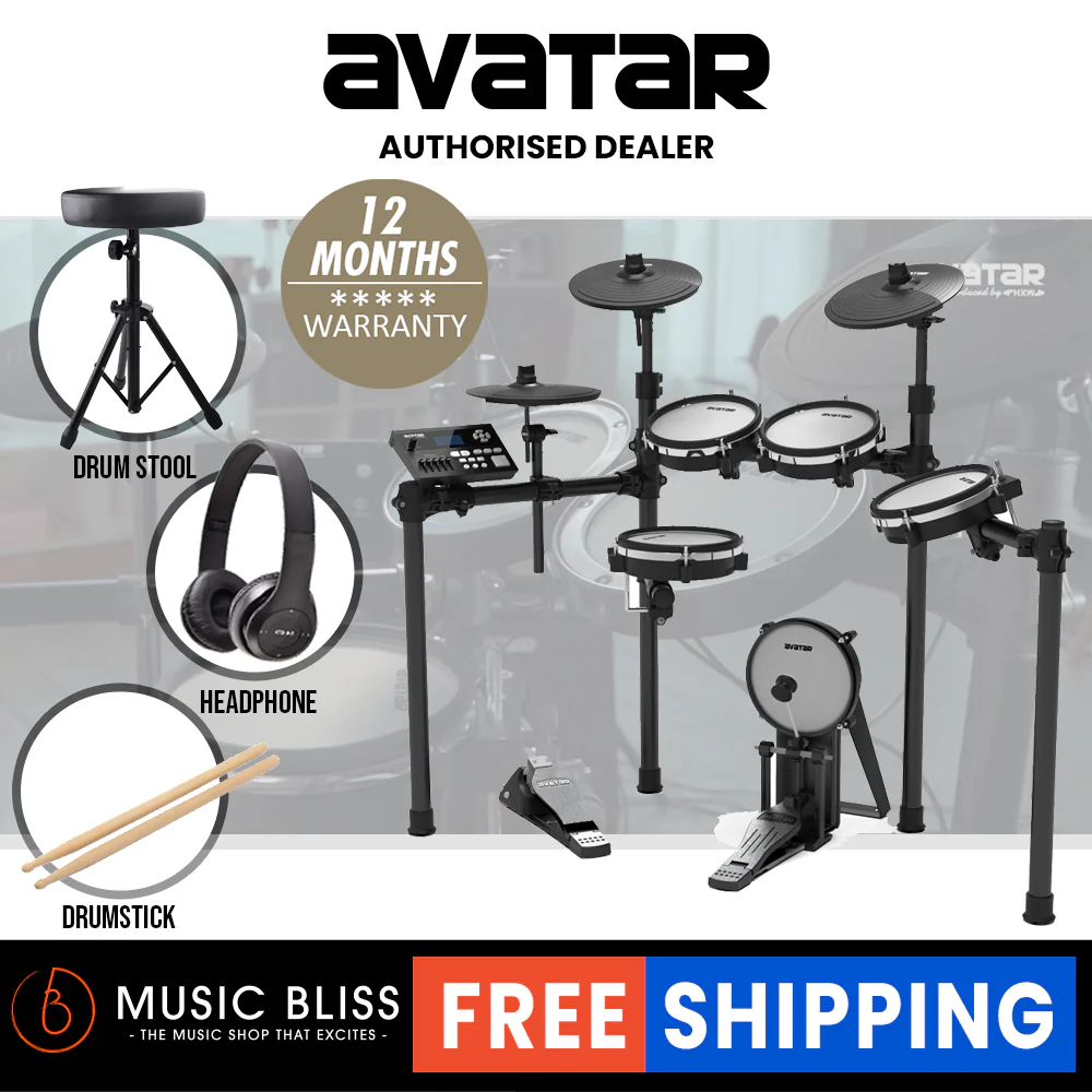 Avatar SD61-6 8-Piece Mesh Kit Electric Drum Set (5pcs Drum Pad, 3pcs Cymbal Pad) with FREE Headphone, Drum Throne & Drumstick