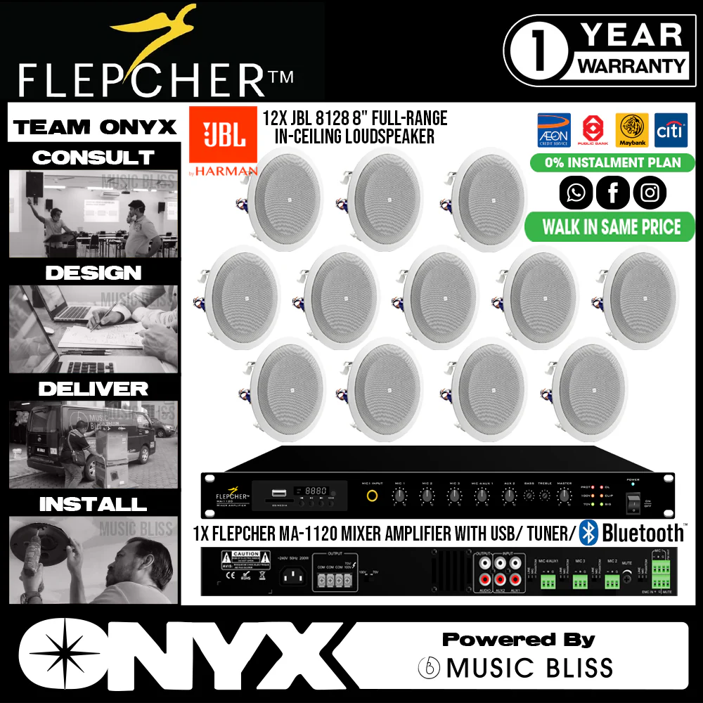 Background Music PA System Flepcher MA-1120 MKII Mixer Amplifier with USB, Bluetooth with JBL 8128 8" Full-range In-Ceiling Loudspeakers for Retail, Showroom, Office, Cafe