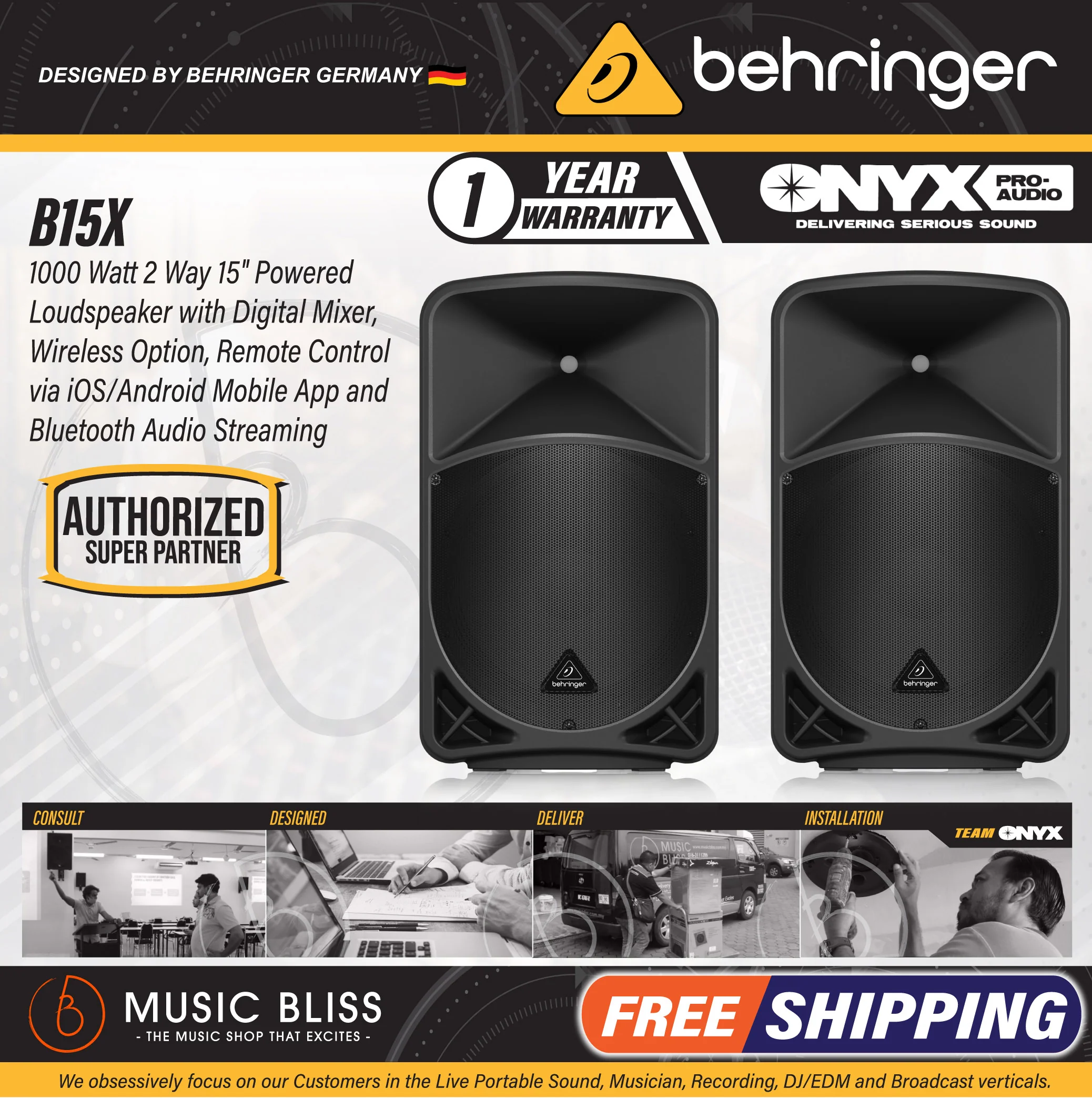 Behringer B15X 1000W 15" Powered Speaker - Pair