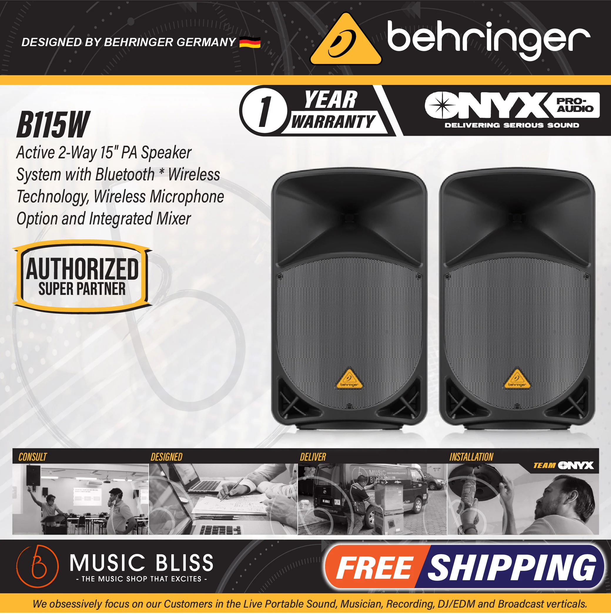 Behringer Eurolive B115W 1000W 15" Powered Speaker - Pair