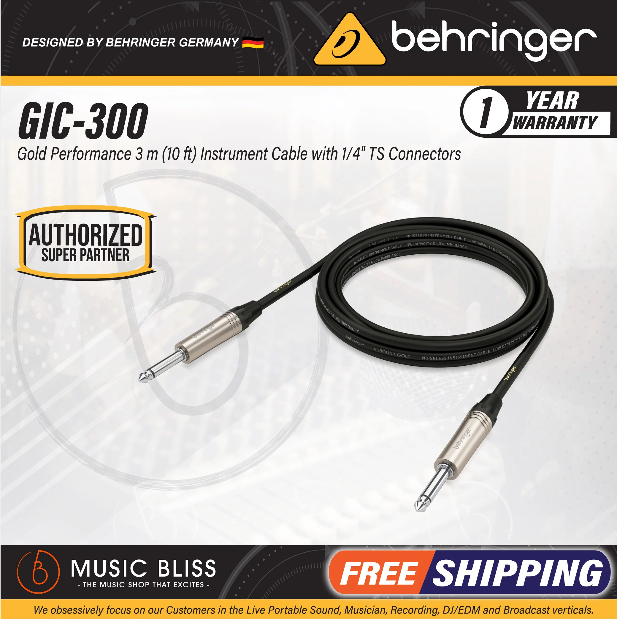 Behringer GIC-300 Gold Performance 3m (10ft) Instrument Cable with 1/4" TS Connectors
