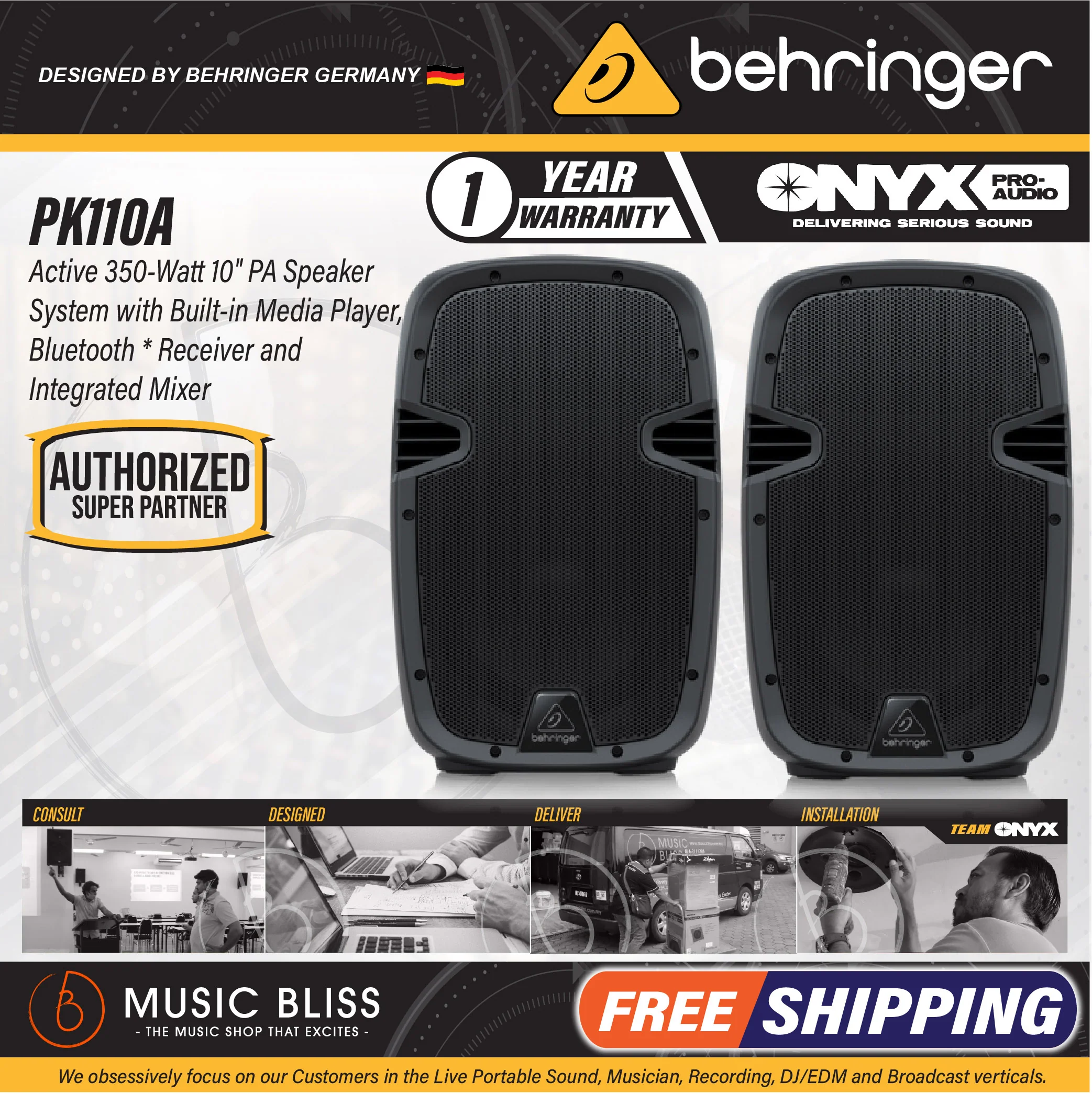 Behringer PK110A Active 350W 10" PA Speaker System with Bluetooth - Pair