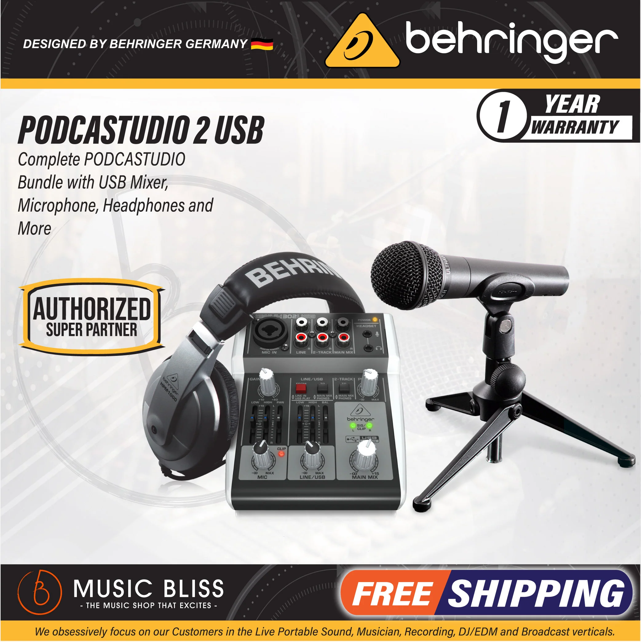 Behringer PODCASTUDIO 2 USB Bundle - Podcasting Bundle with XENYX-302USB + XM-8500 and HPM-1000