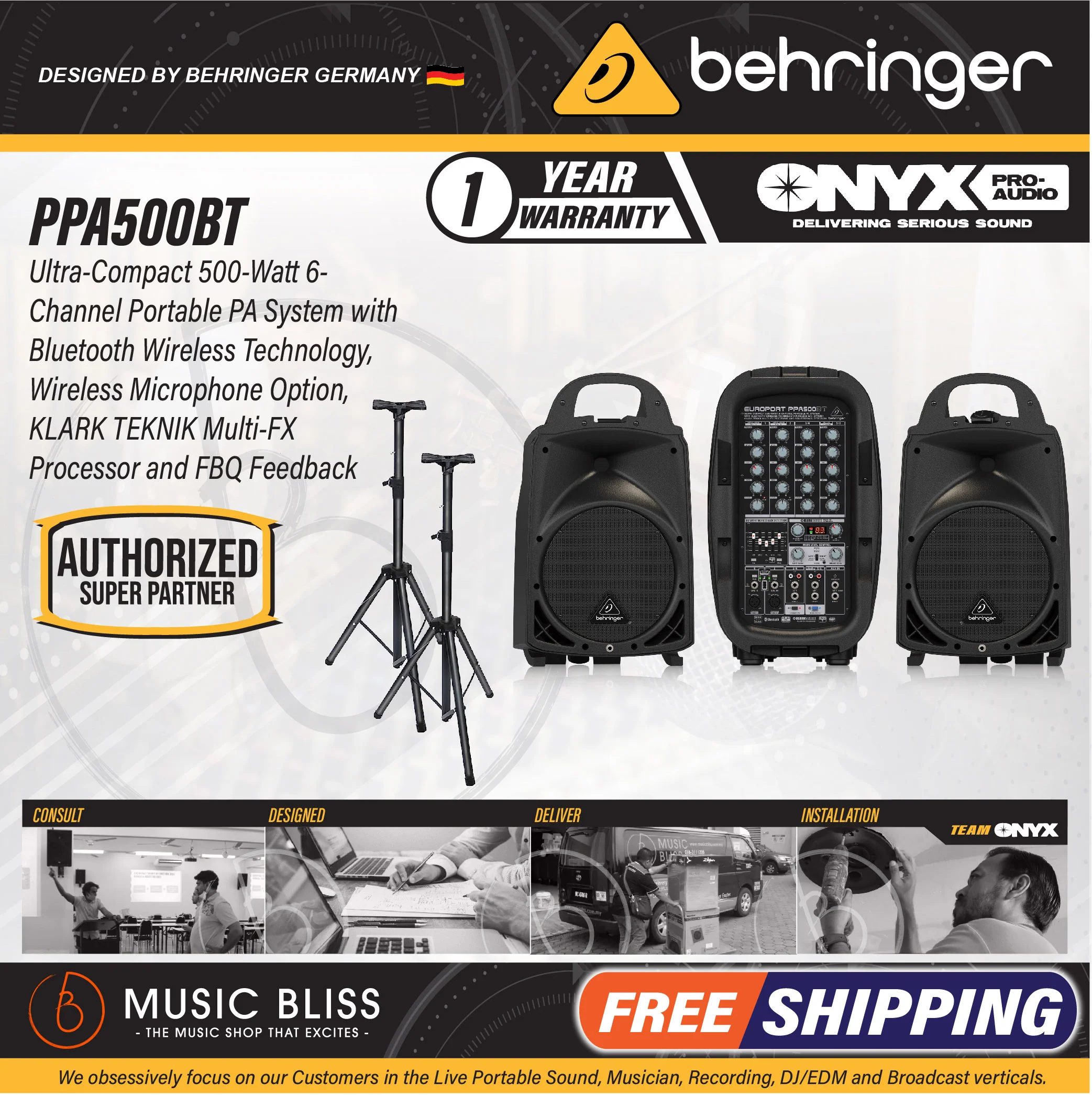 Behringer Europort PPA500BT Portable PA System Set with FREE Speaker Stands
