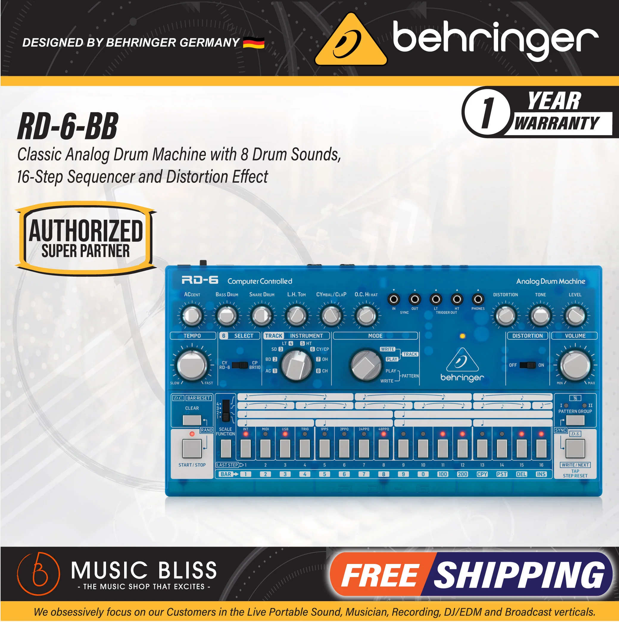 Behringer RD-6-BB Analog Drum Machine - Blue Translucent