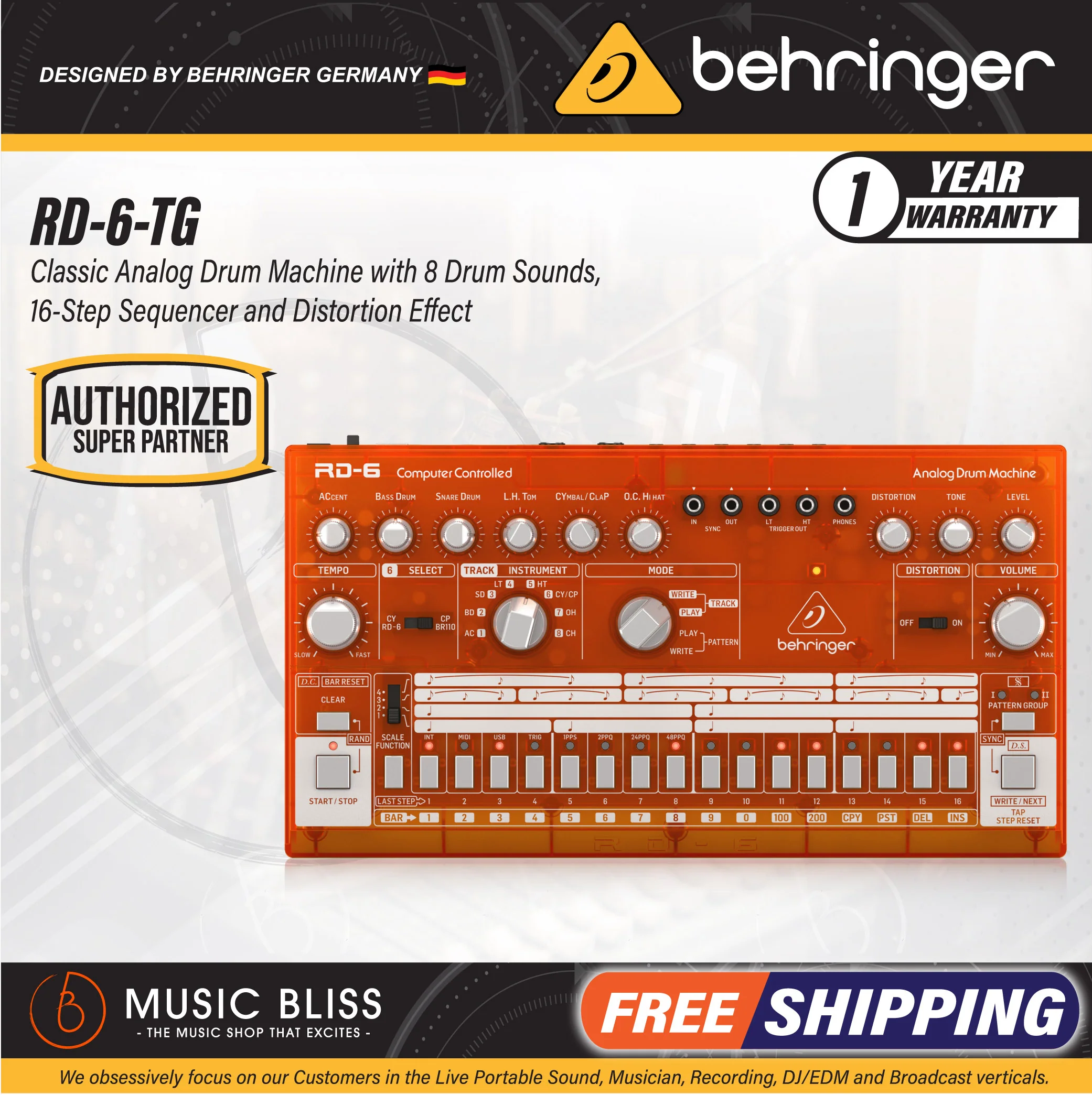 Behringer RD-6-TG Analog Drum Machine - Orange Translucent