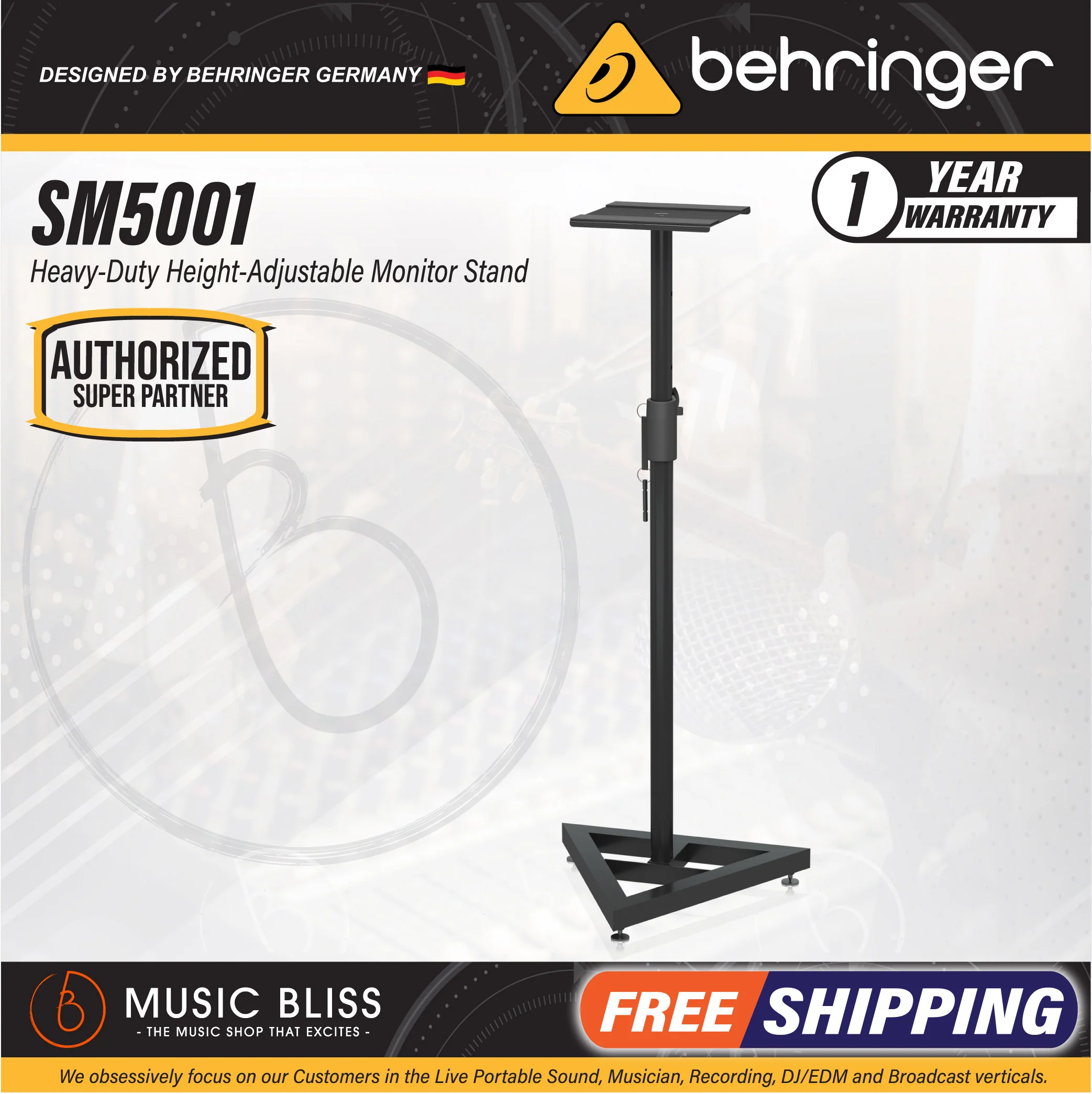 Behringer SM5001 Heavy-Duty Height-Adjustable Studio Monitor Stand