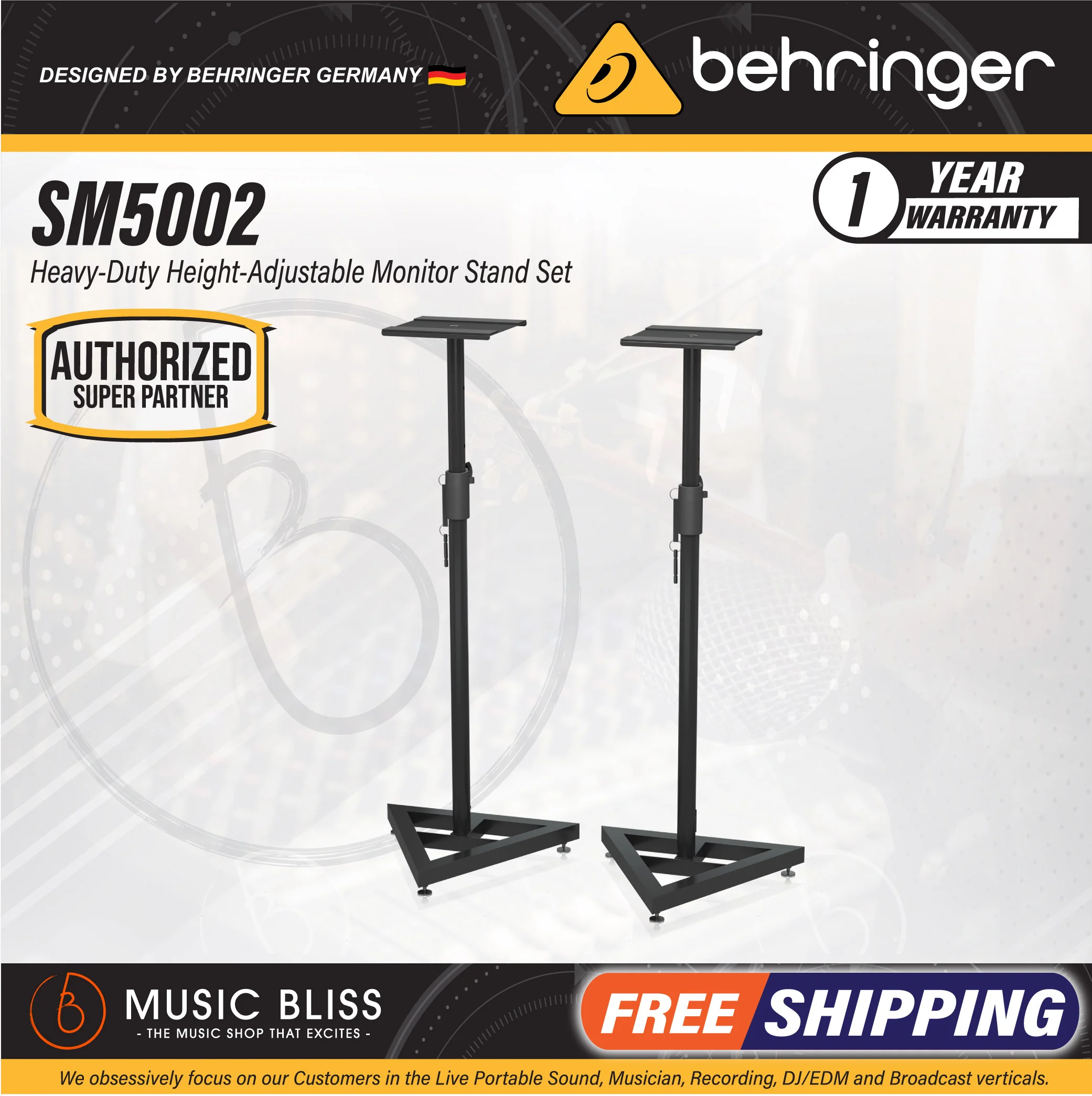Behringer SM5002 Heavy-Duty Height-Adjustable Monitor Stand Set
