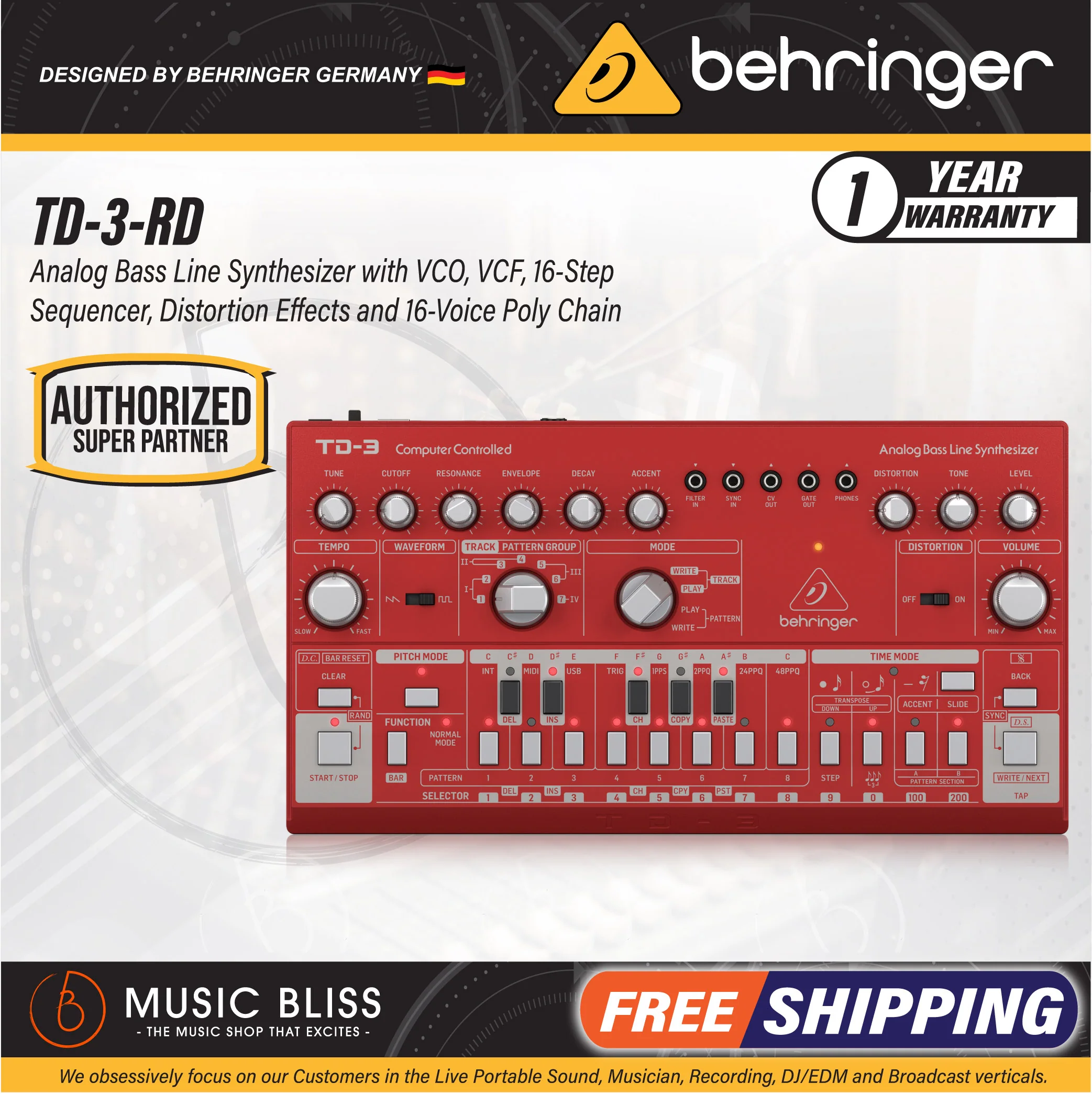 Behringer TD-3-RD Analog Bass Line Synthesizer - Red