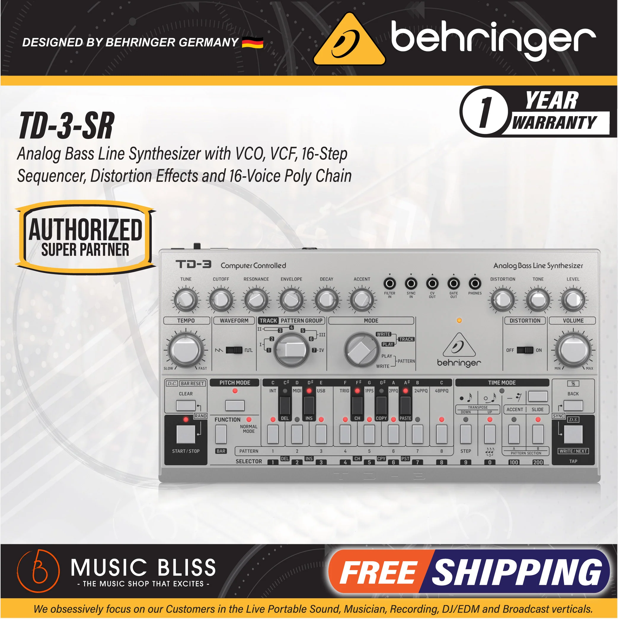 Behringer TD-3-SR Analog Bass Line Synthesizer - Silver