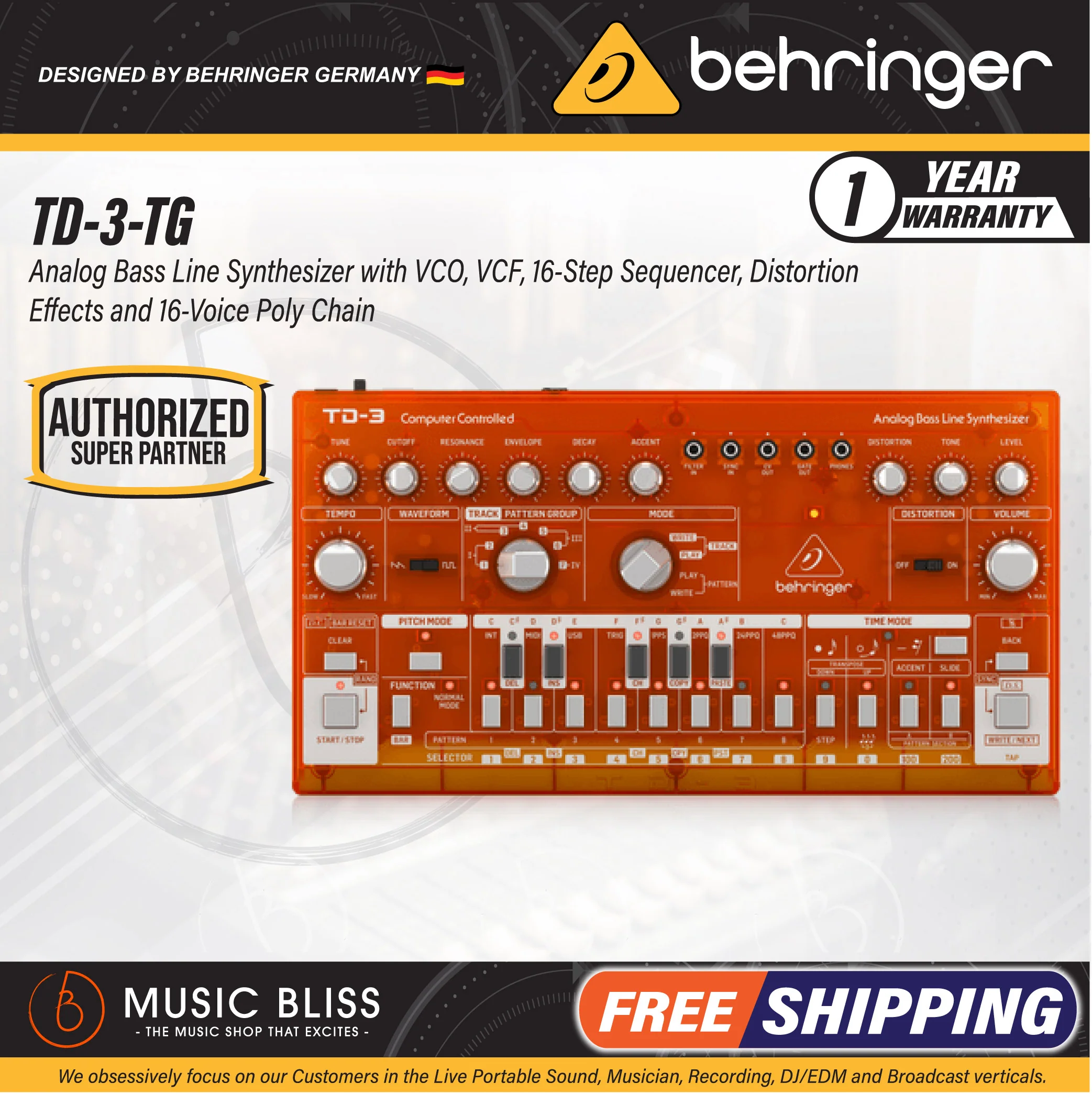 Behringer TD-3-TG Analog Bass Line Synthesizer - Tangerine