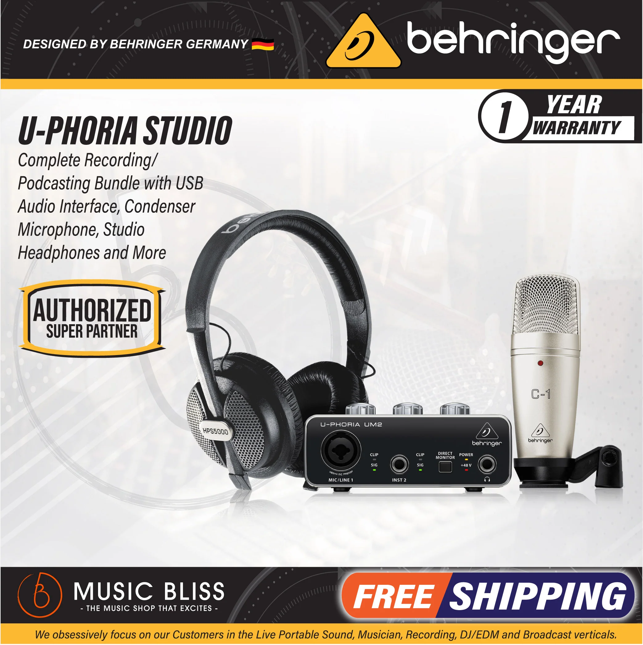 Behringer U-PHORIA STUDIO Complete Recording/Podcasting Bundle with UM-2, C-1 Mic and HPS-5000