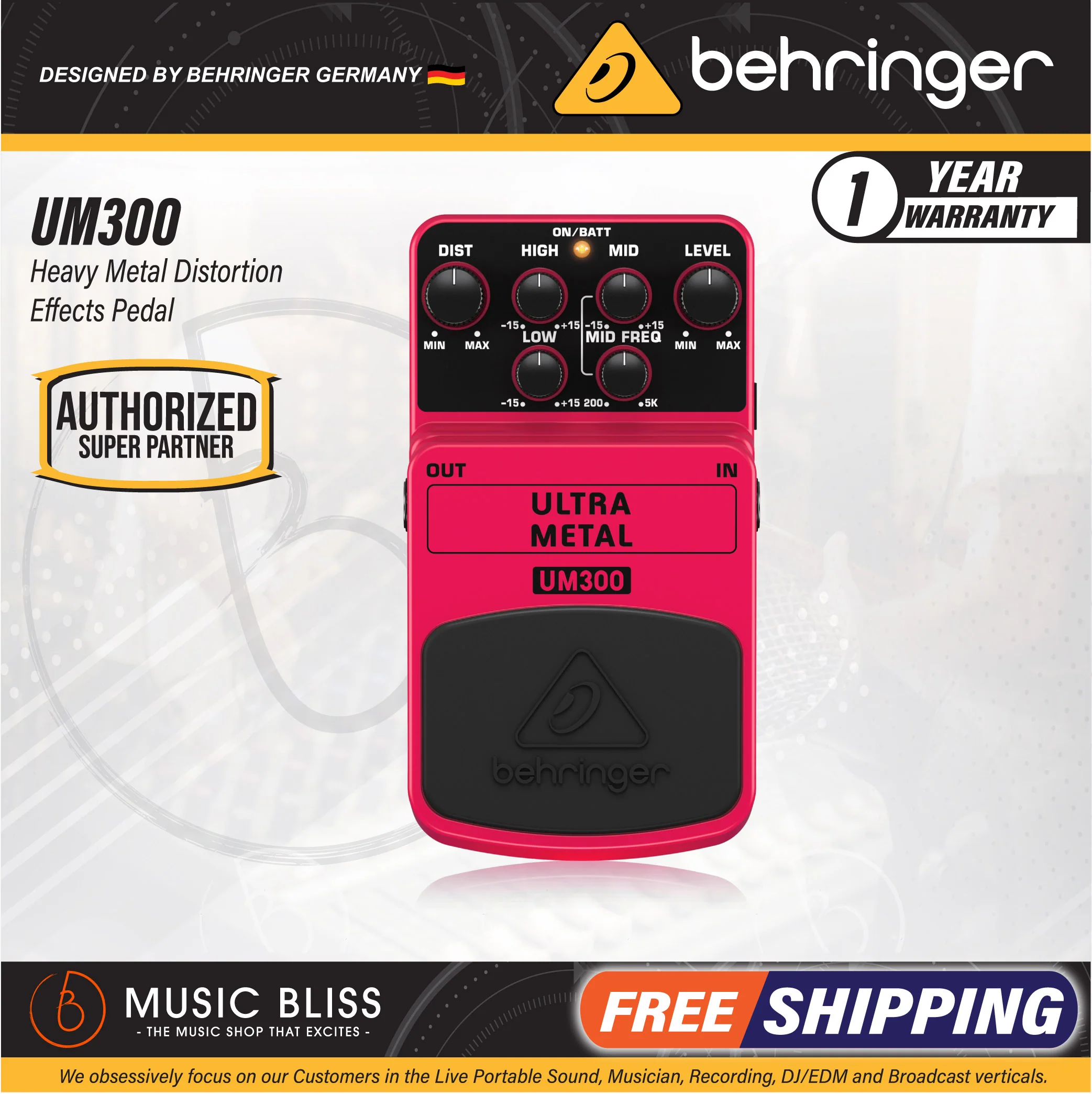 Behringer UM300 Ultra Metal Distortion Guitar Effects Pedal