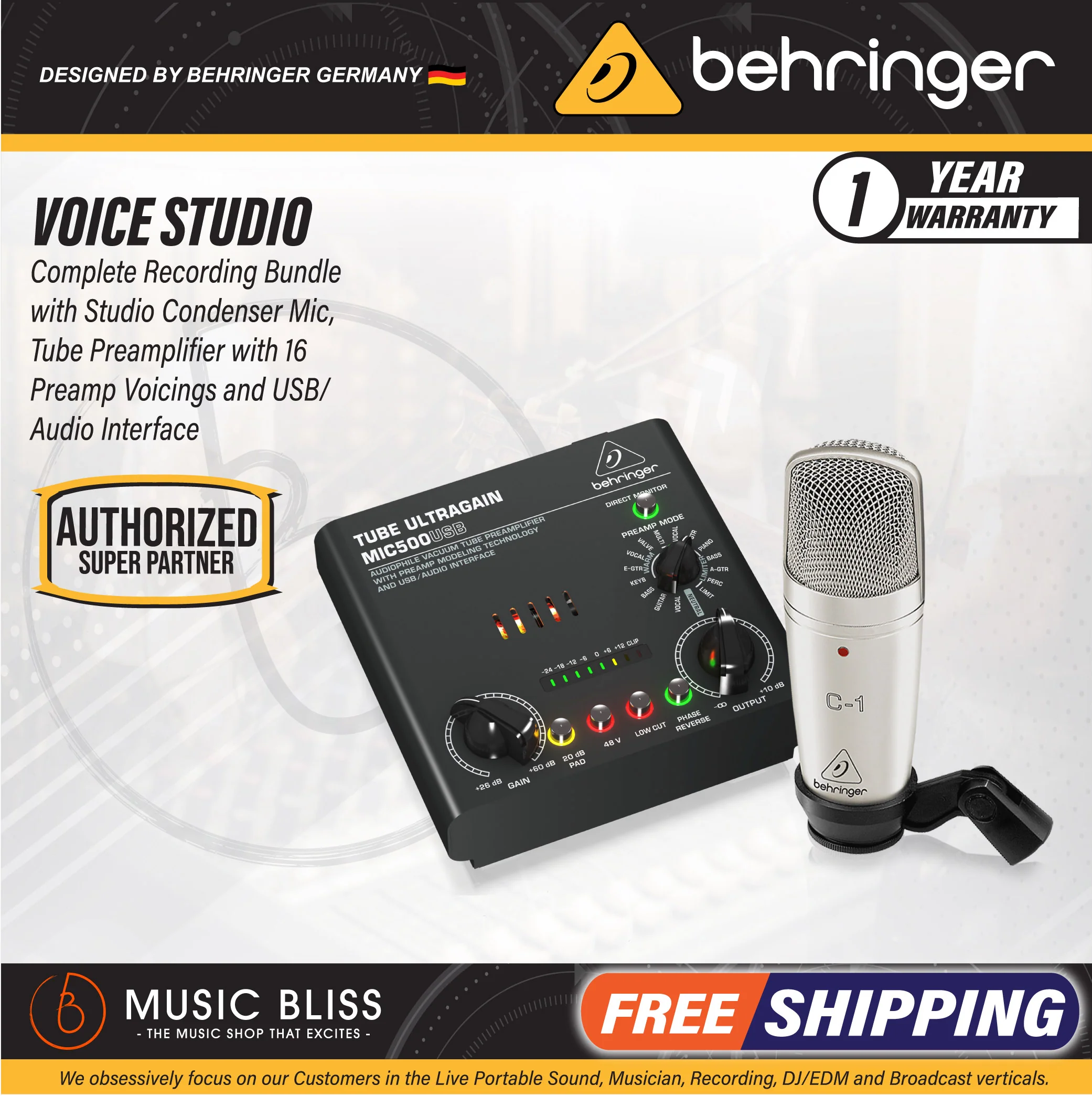 Behringer Voice Studio Recording Bundle - Recording Bundle with Condenser Microphone and Tube Mic Preamp with USB Audio Interface