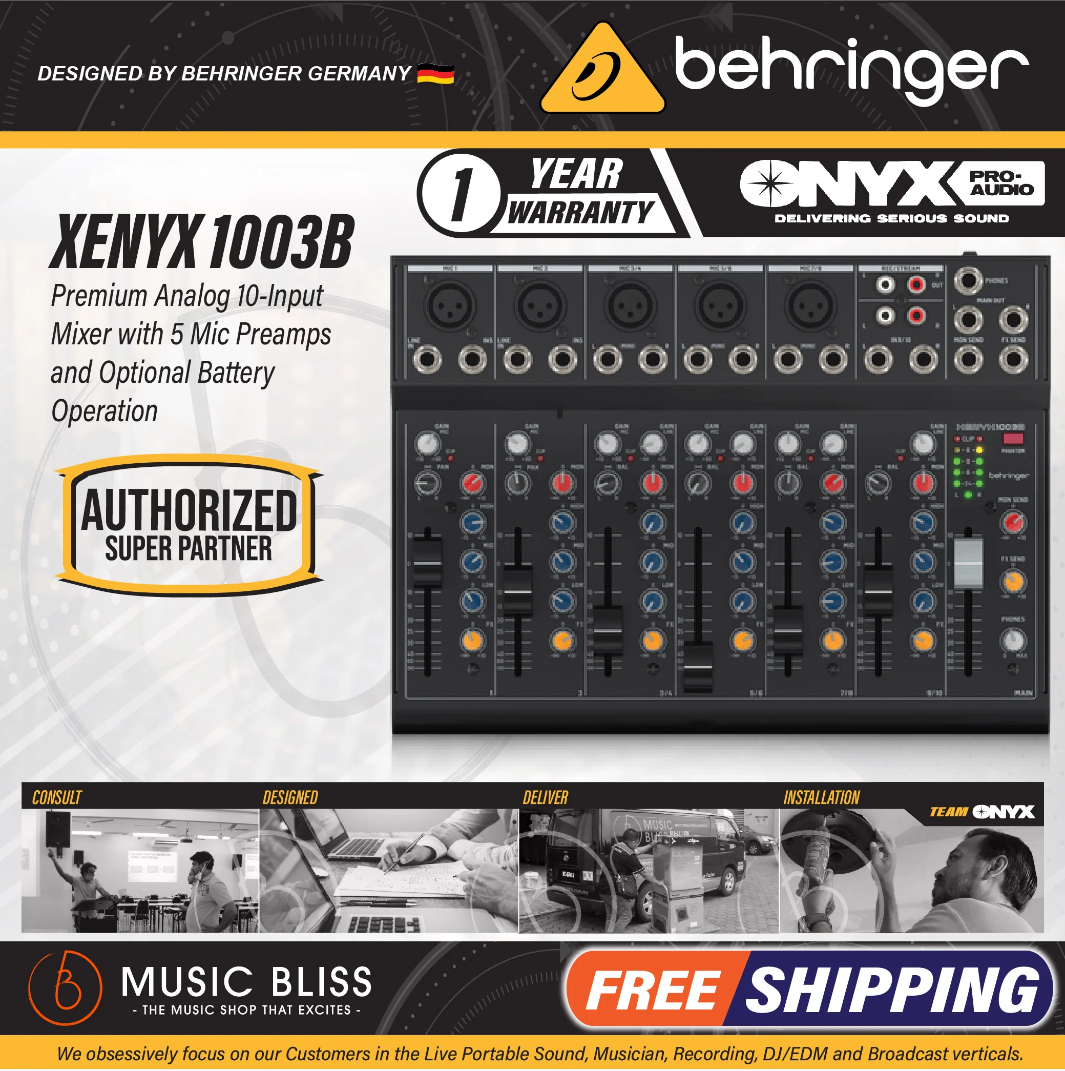 Behringer XENYX 1003B Premium Analog 10-Input Mixer with 5 Mic Preamps and Optional Battery Operation