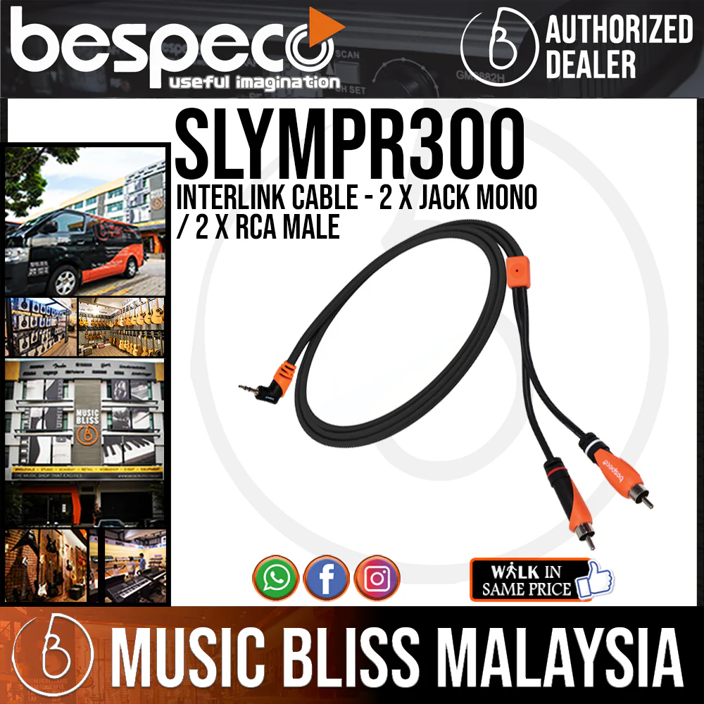 Bespeco SLYMPR300 SILOS Series Right-Angle 3.5mm Stereo Jack to Dual RCA Male Interlink Y-Cable