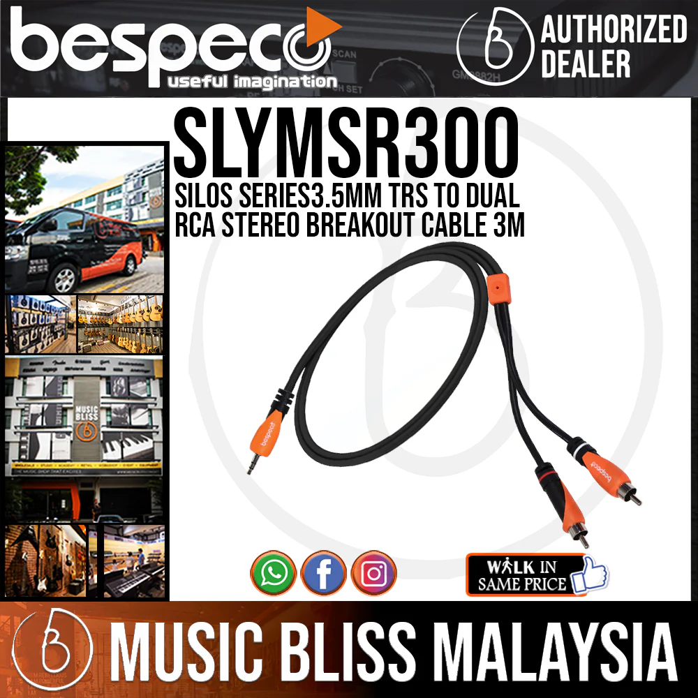 Bespeco SLYMSR300 Silos Series3.5mm TRS to Dual RCA Stereo Breakout Cable 3M