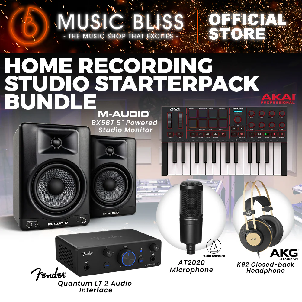 BEST HOME RECORDING STUDIO STARTERPACK BUNDLE PACKAGE : Fender Quantum LT2 Audio Interface, AKG K92 Studio Monitoring Headphones, AKAI MPK Mini MK4 Midi Controller, M-Audio BX5BT Powered Studio Monitor, Audio Technica AT2020 Condenser Microphone