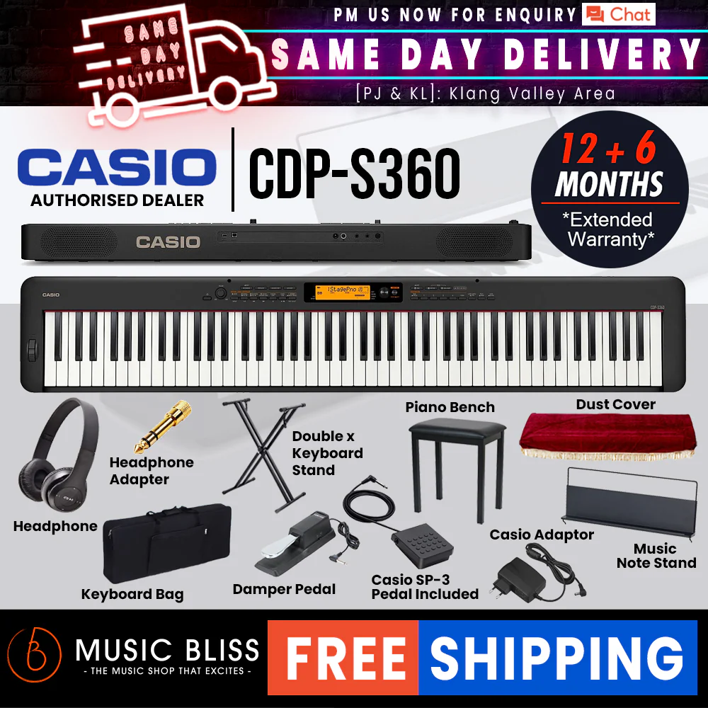 Casio CDP-S360 88-key Digital Piano Musician Package with FREE Headphone - Black