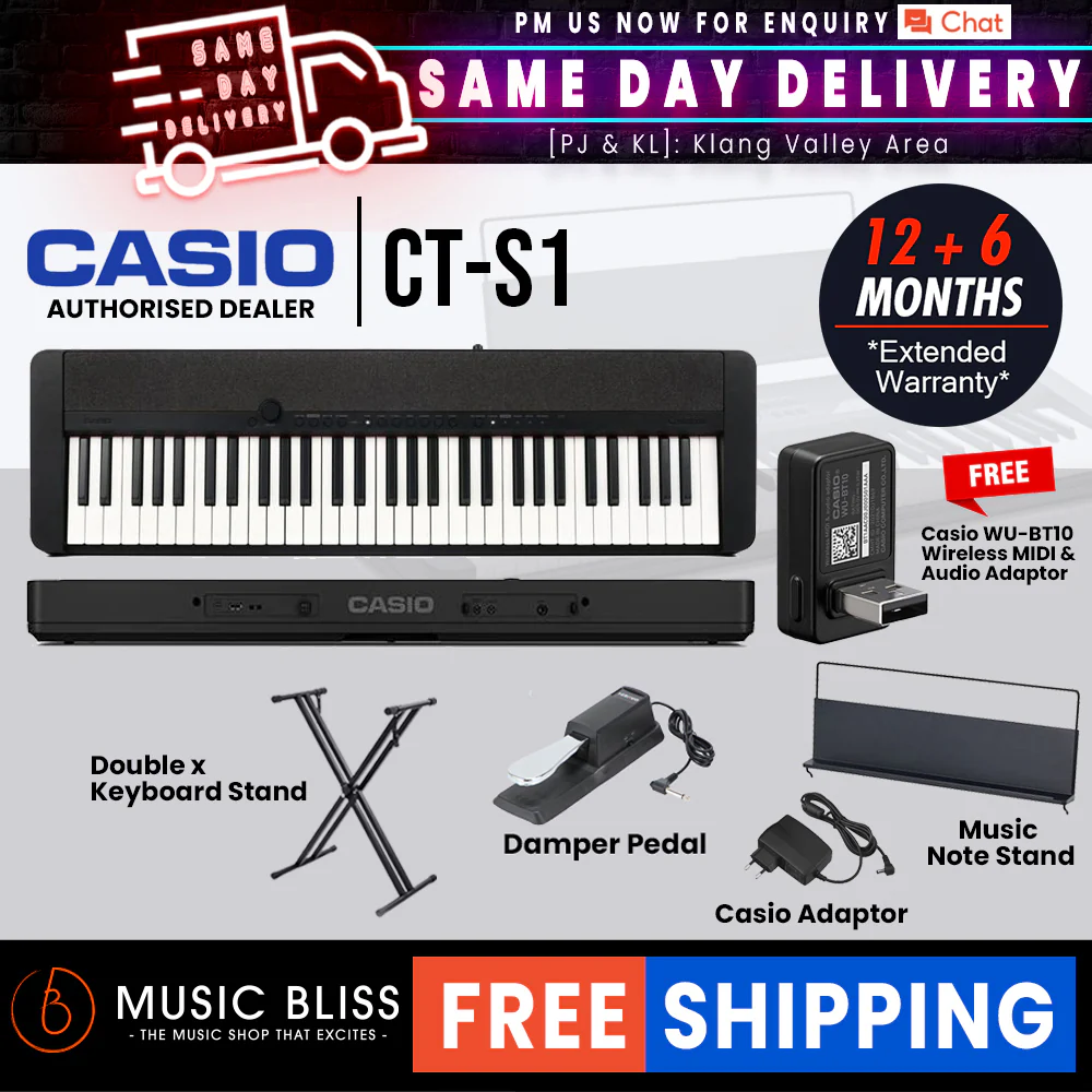 Casio CT-S1 61-key Portable Keyboard with FREE WU-BT10 and Keyboard Stand