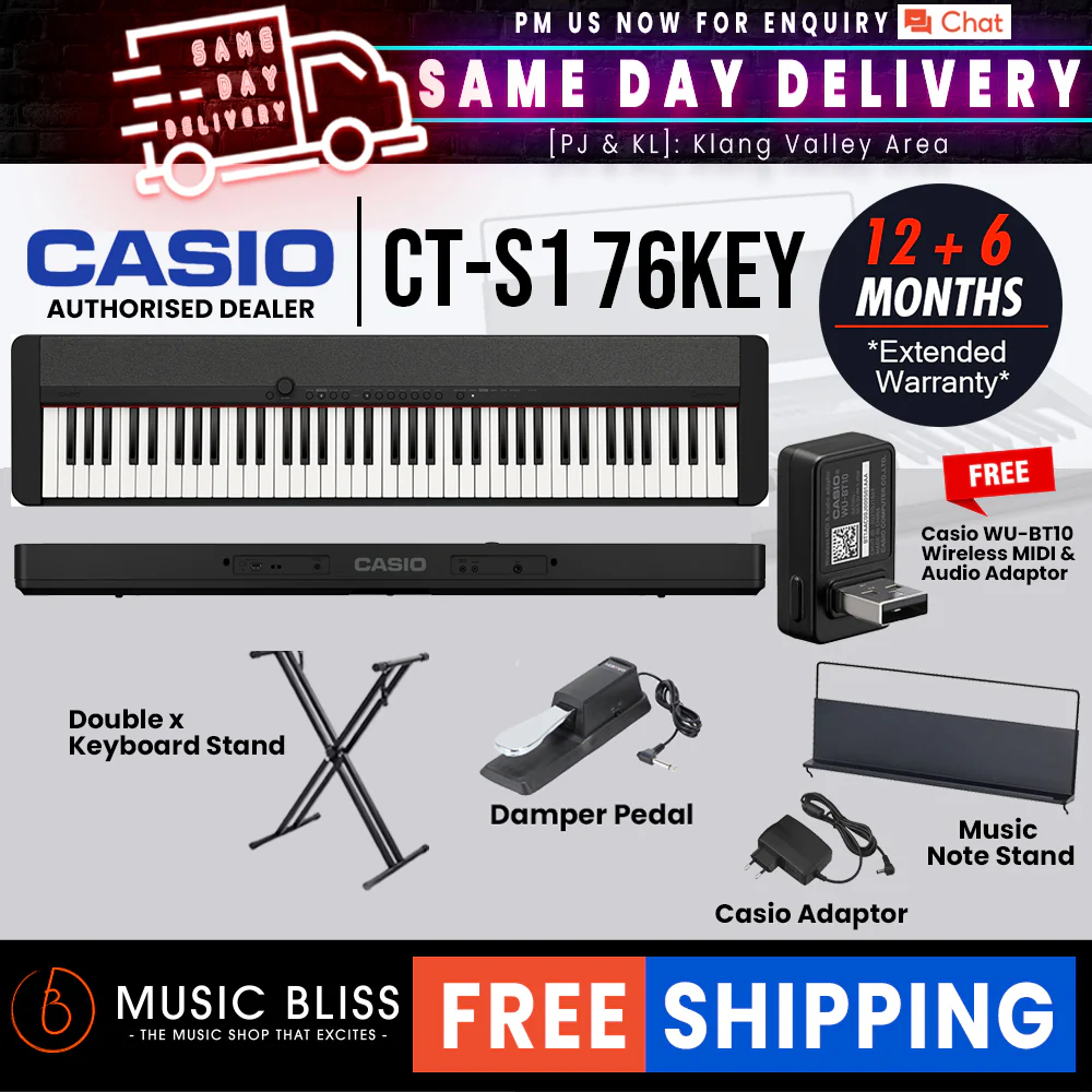 Casio CT-S1 76-key Portable Keyboard with FREE WU-BT10 and Keyboard Stand - Black