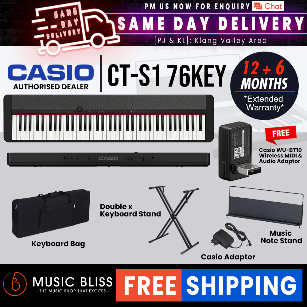 Casio CT-S1 76-key Portable Keyboard with FREE WU-BT10 and Keyboard Stand - Black - Image 2