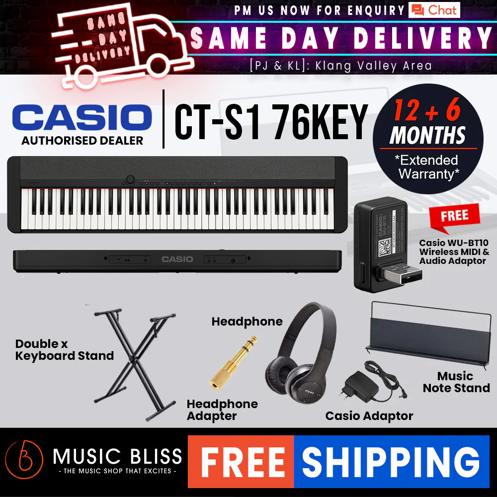Casio CT-S1 76-key Portable Keyboard with FREE WU-BT10 and Keyboard Stand - Black - Image 3