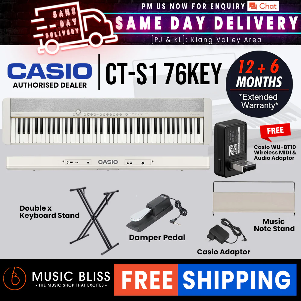 Casio CT-S1 76-key Portable Keyboard with FREE WU-BT10 and Keyboard Stand - White