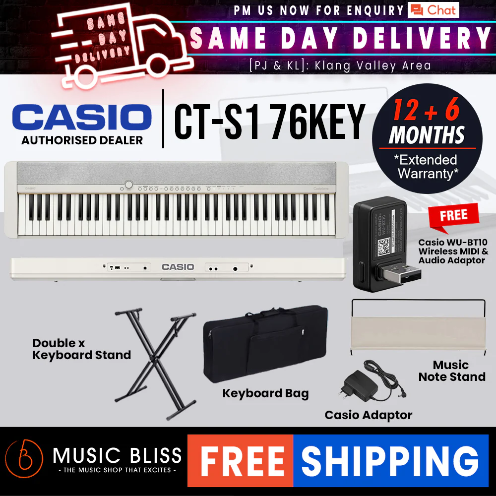 Casio CT-S1 76-key Portable Keyboard with FREE WU-BT10 and Keyboard Stand - White - Image 2