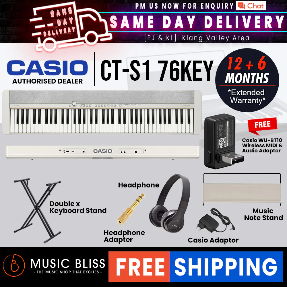 Casio CT-S1 76-key Portable Keyboard with FREE WU-BT10 and Keyboard Stand - White - Image 3