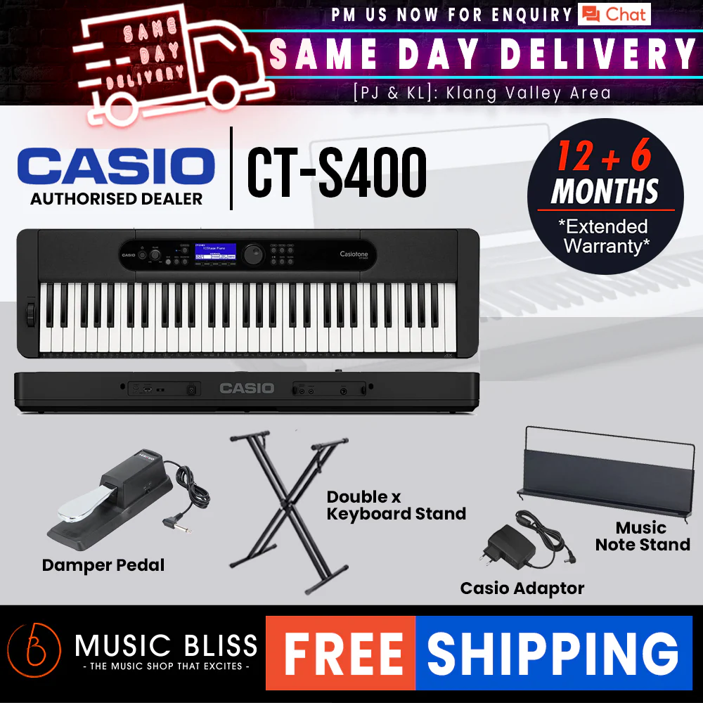 Casio CT-S400 61-key Ultra-Portable Arranger Keyboard with FREE Keyboard Stand - Black