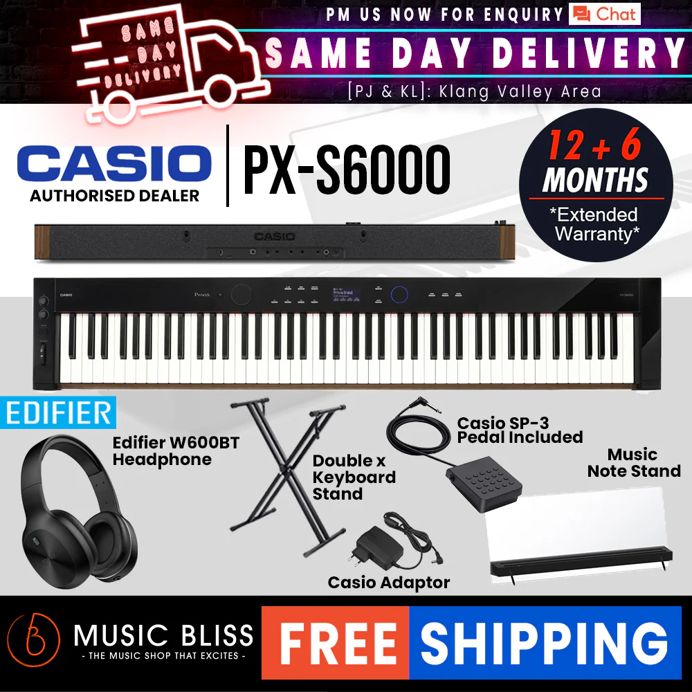 Casio Privia PX-S6000 Digital Piano with FREE Edifier W600BT Headphone - Black