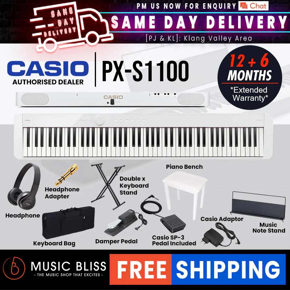 Casio PX-S1100 88-key Digital Piano with FREE Piano Bench - White