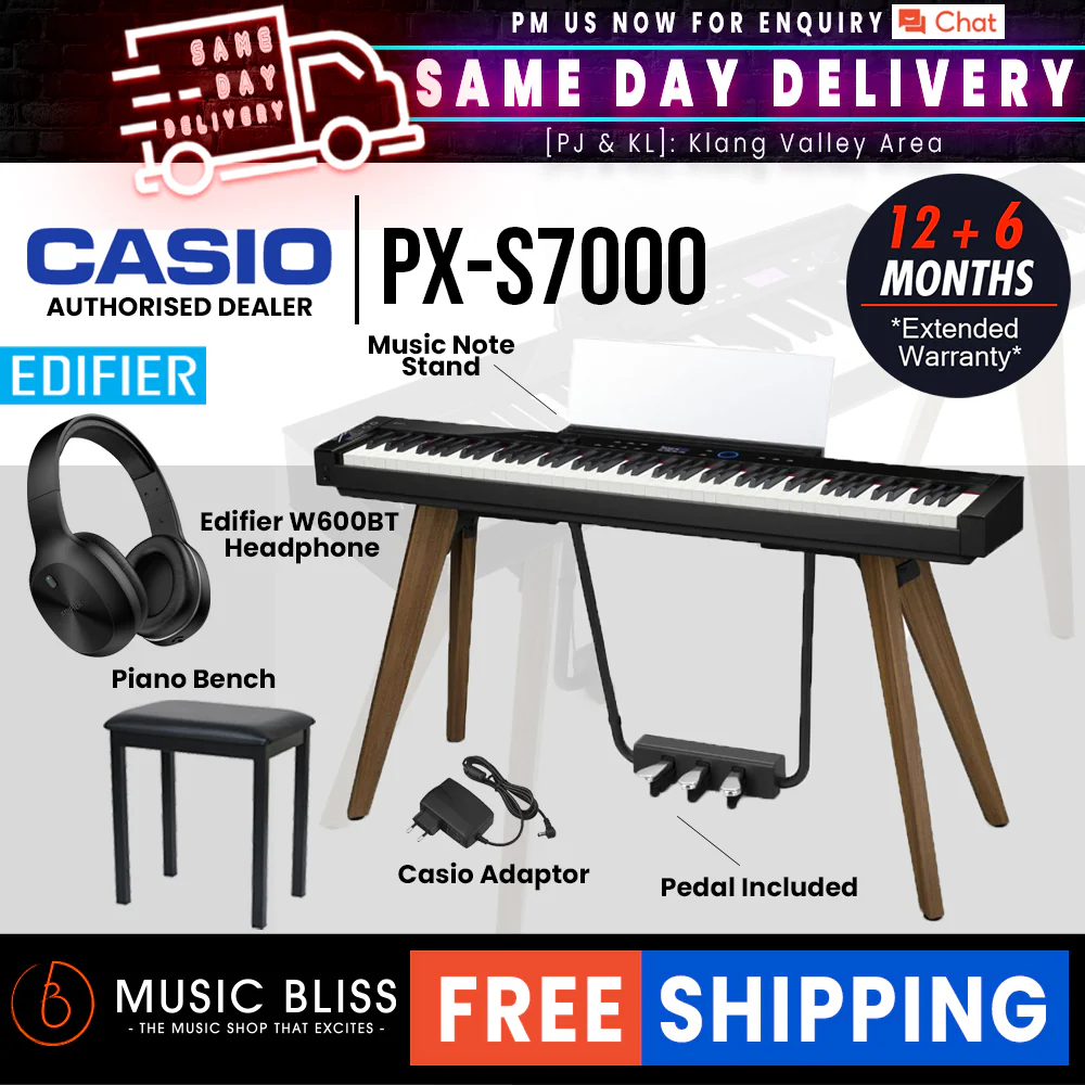 Casio PX-S7000 Digital Piano with FREE Edifier W600BT Headphone - Black