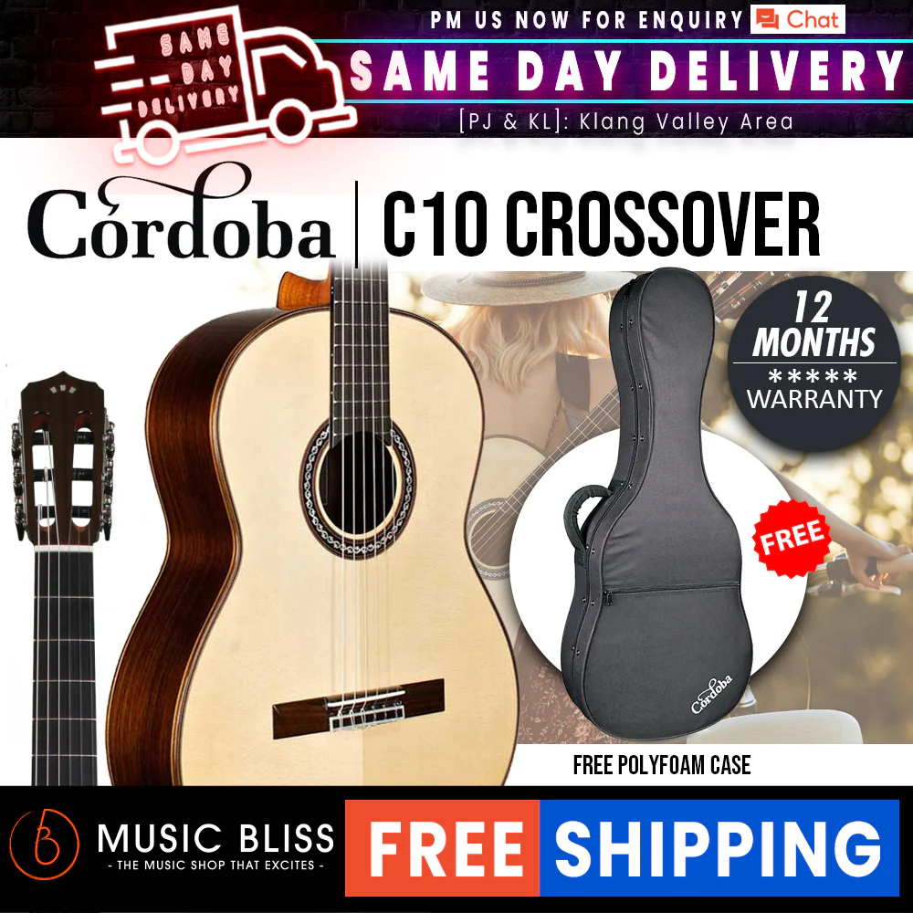 Cordoba C10 Crossover Nylon String Acoustic Guitar - Solid European Spruce Top, Solid Rosewood Back & Sides, With Cordoba Polyfoam Guitar Case (Full Solid)