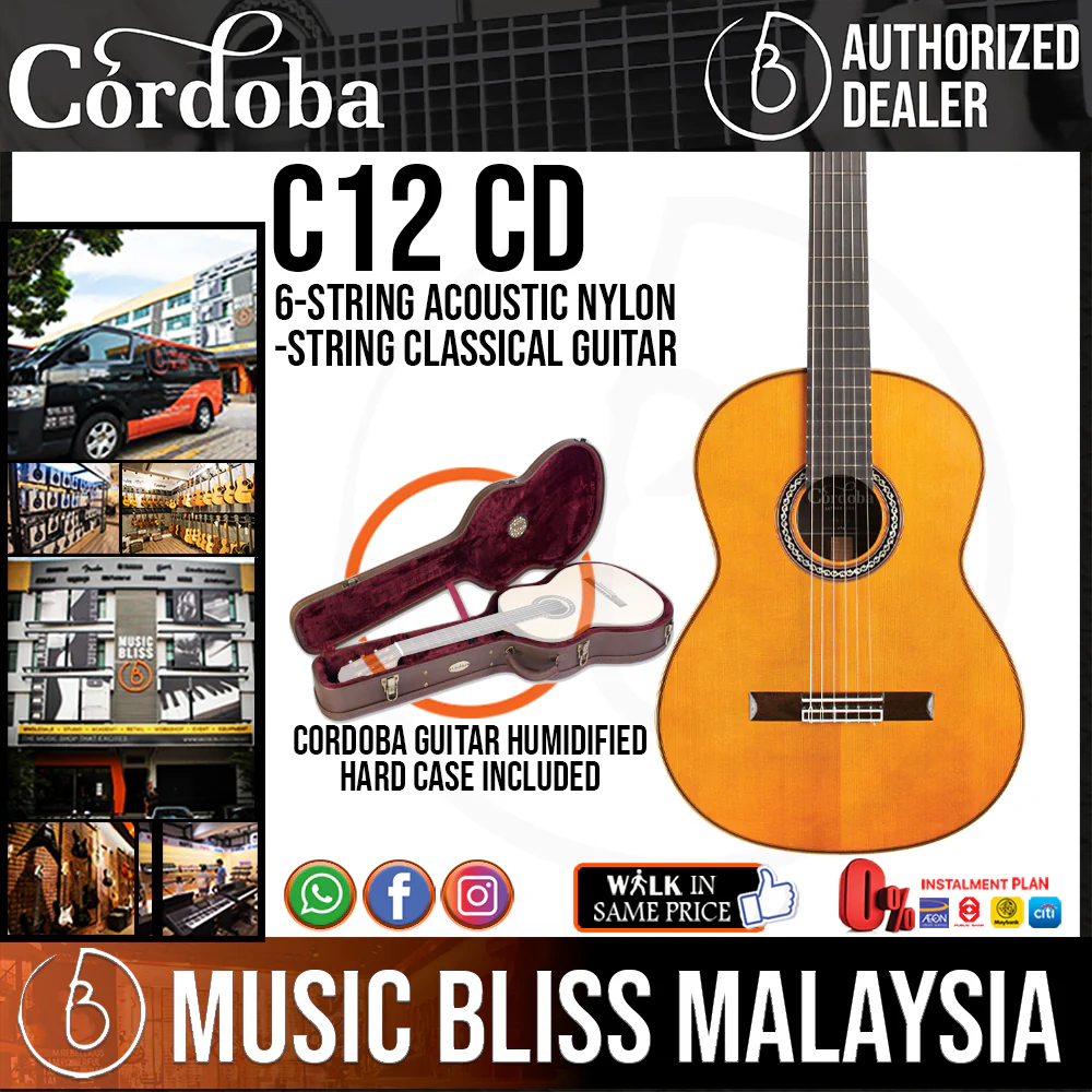 Cordoba C12 CD - Solid Canadian Cedar Top, Solid Rosewood & Solid Flamed Maple Back & Sides With Cordoba Guitar Humidified Hard Case - Full Solid