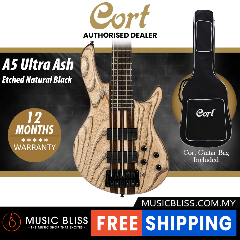 Cort A-5 Ultra Ash Electric Bass with Bag - Etched Natural Black
