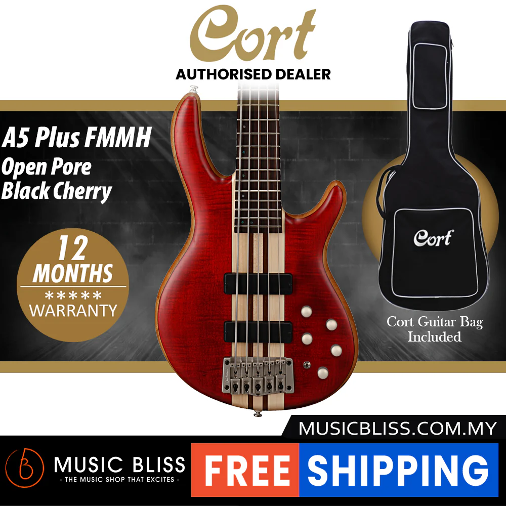 Cort A5 Plus FMMH 5-String Bass Guitar with Bag - Open Pore Black Cherry