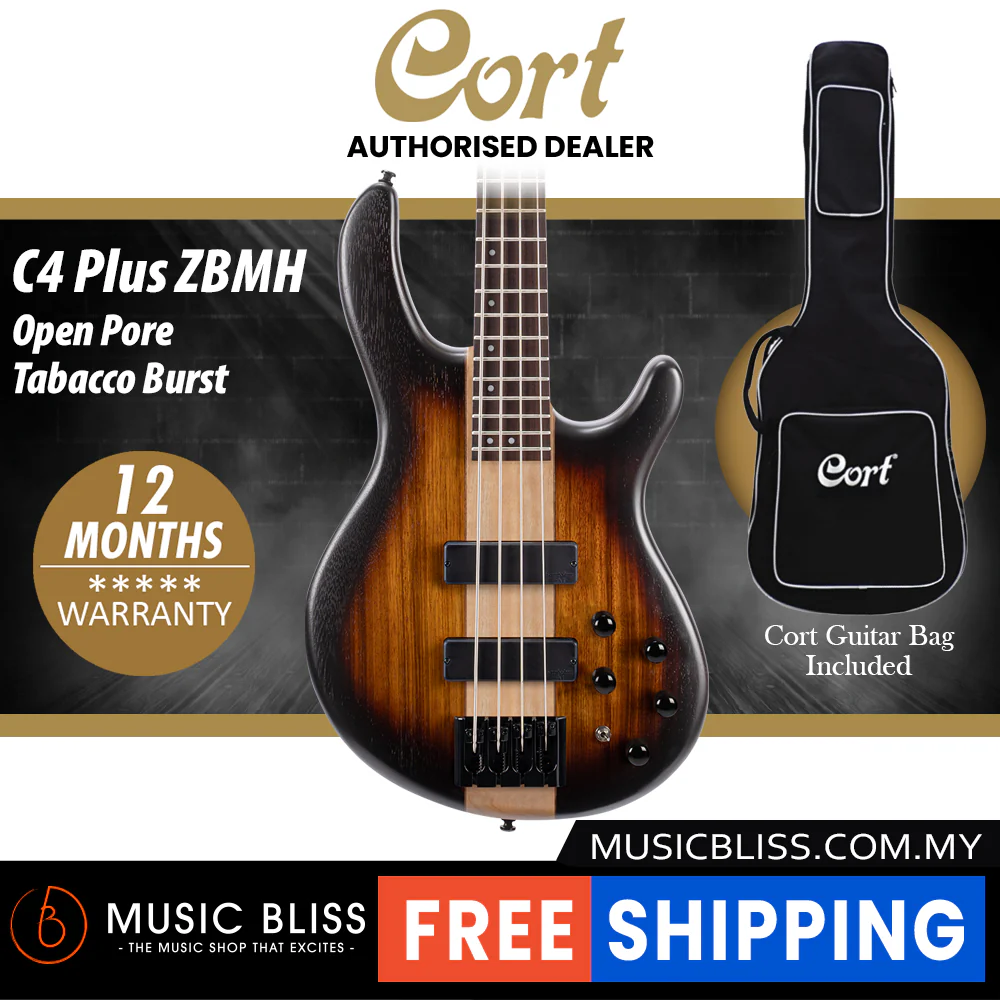 Cort C4 Plus ZBMH Electric Bass Guitar with Bag - Open Pore Tabacco Burst