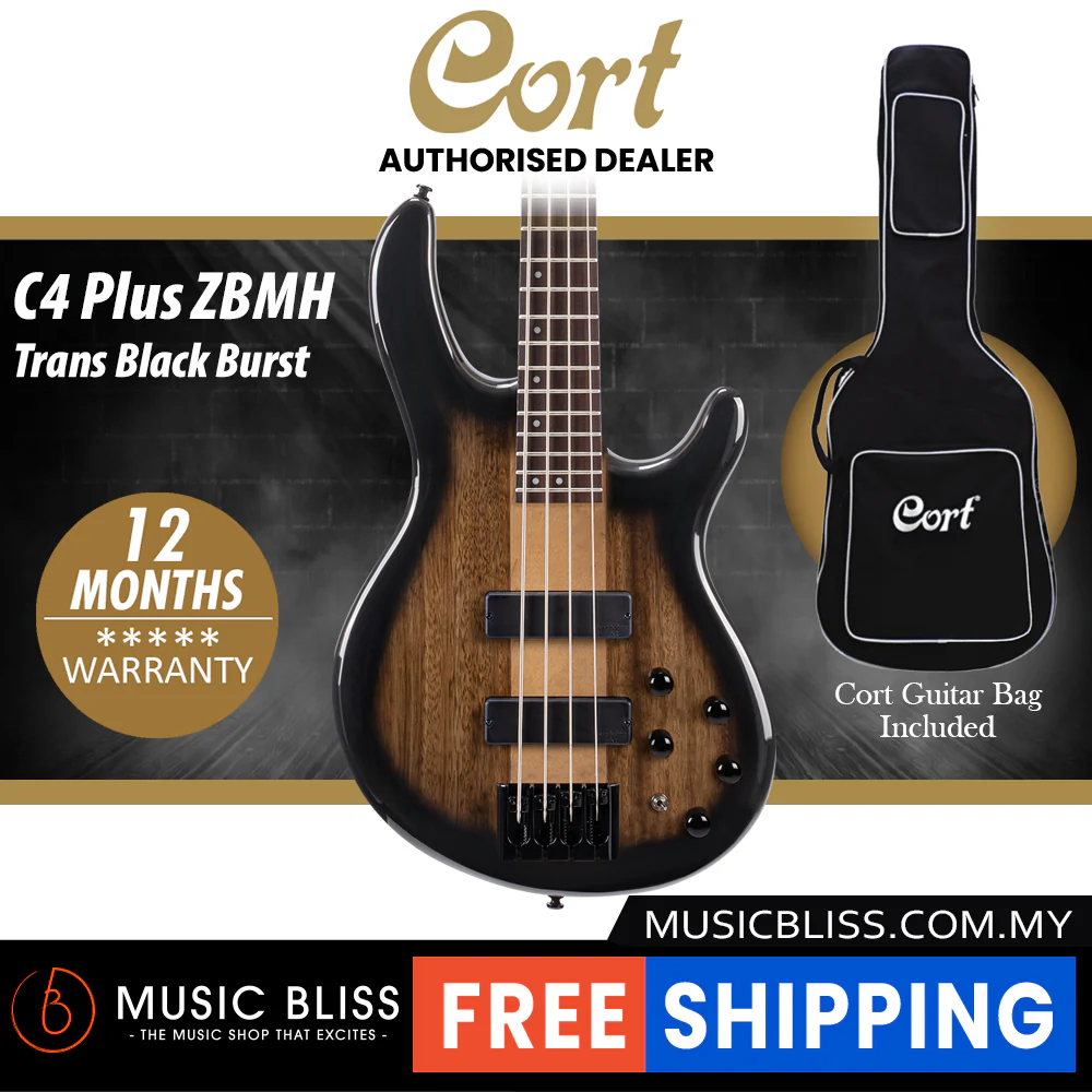 Cort C4 Plus ZBMH Electric Bass Guitar with Bag - Trans Black Burst