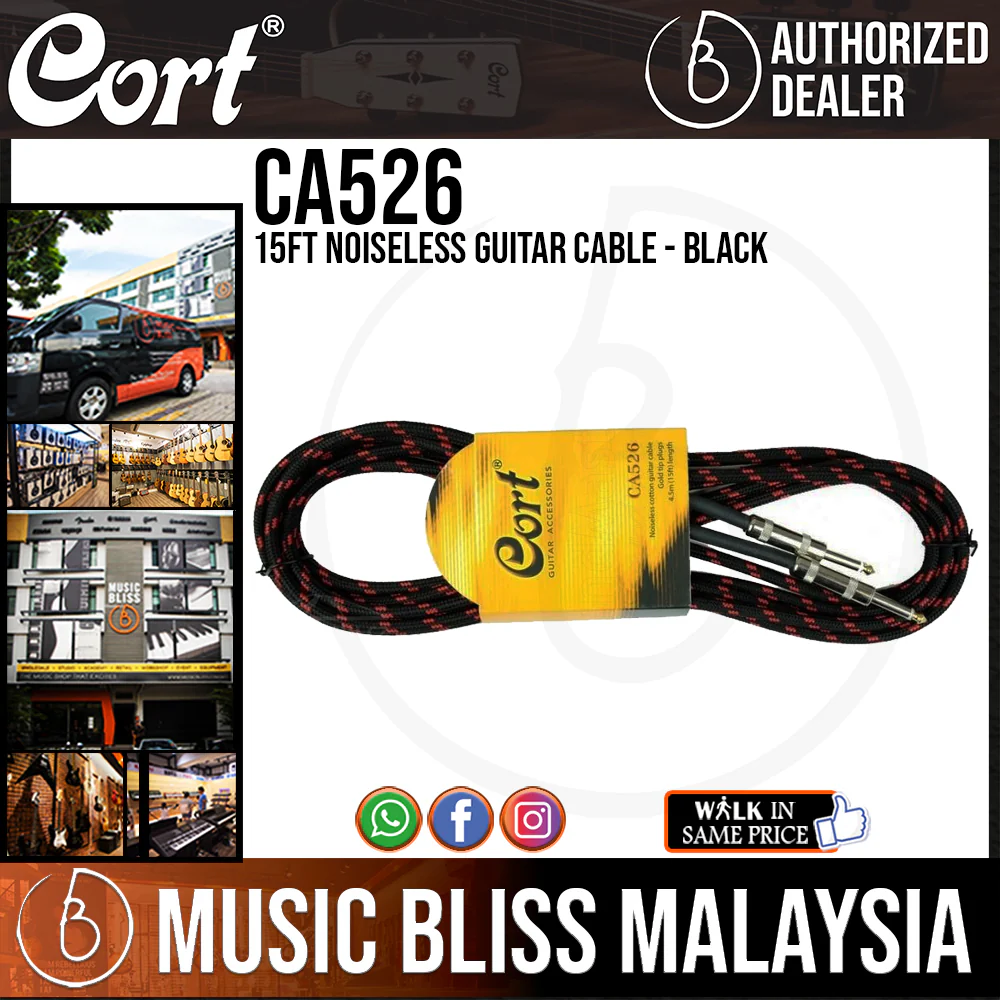 Cort CA526 15ft Noiseless Guitar Cable - Black