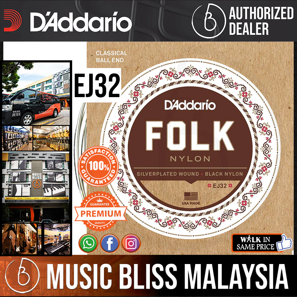 D’Addario EJ32 Folk Nylon Classical Strings, Ball End, Silver Wound/Black Nylon Trebles