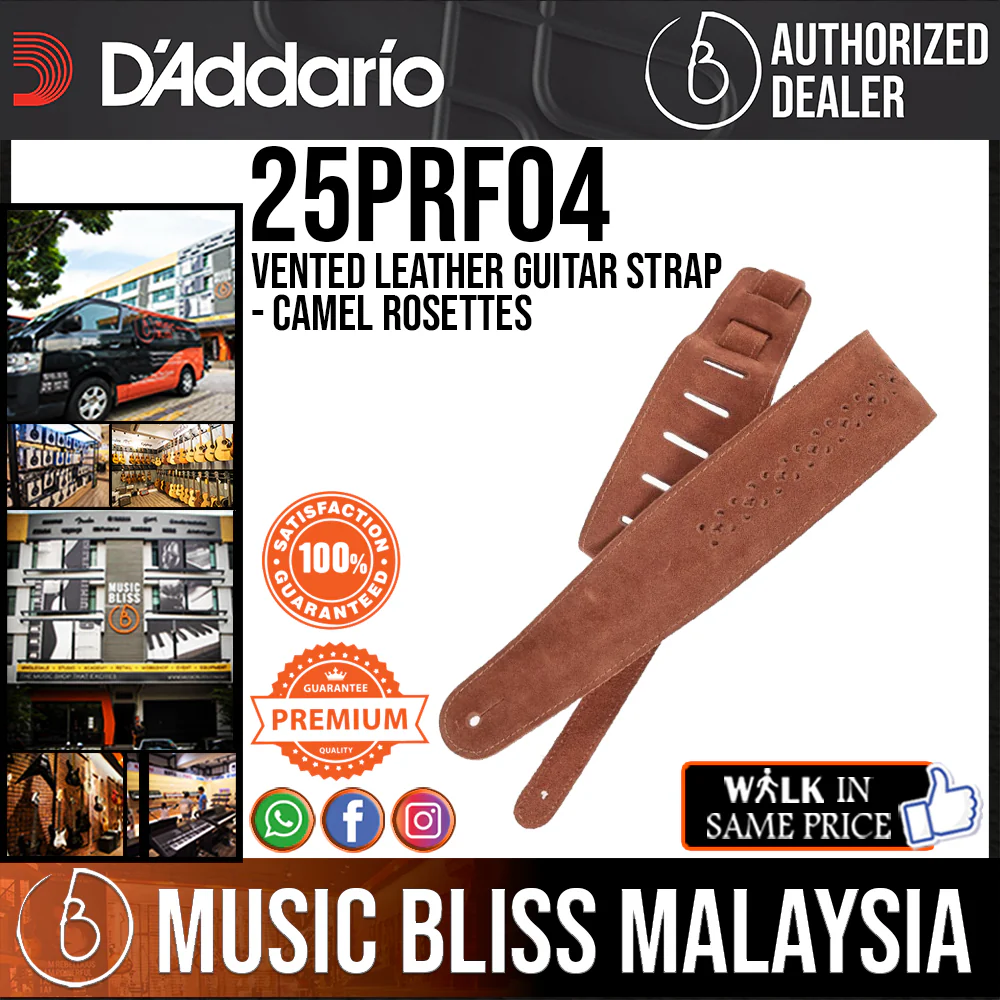 D'Addario 25PRF04 Vented Leather Guitar Strap, Camel Rosettes