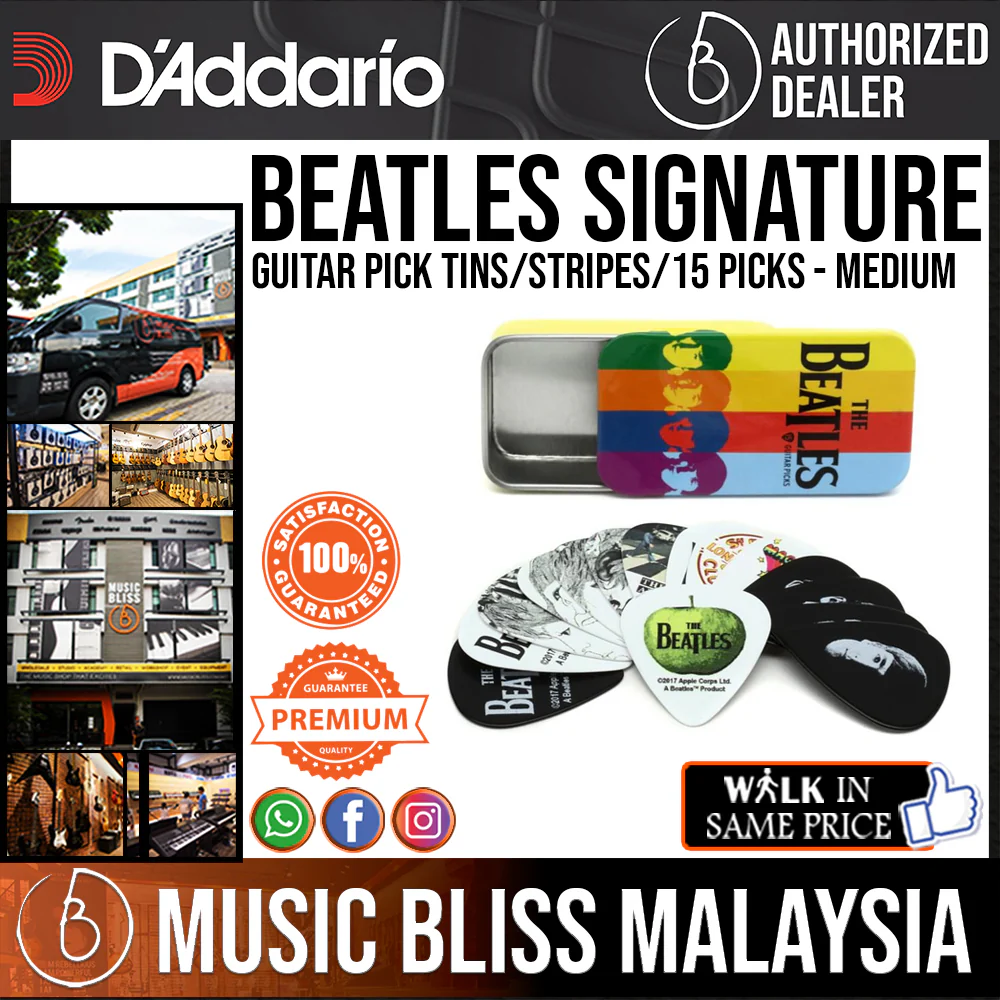 D'Addario Beatles Signature Pick-Tin, Stripes, 15 Picks, Medium (1CAB4-15BT2)