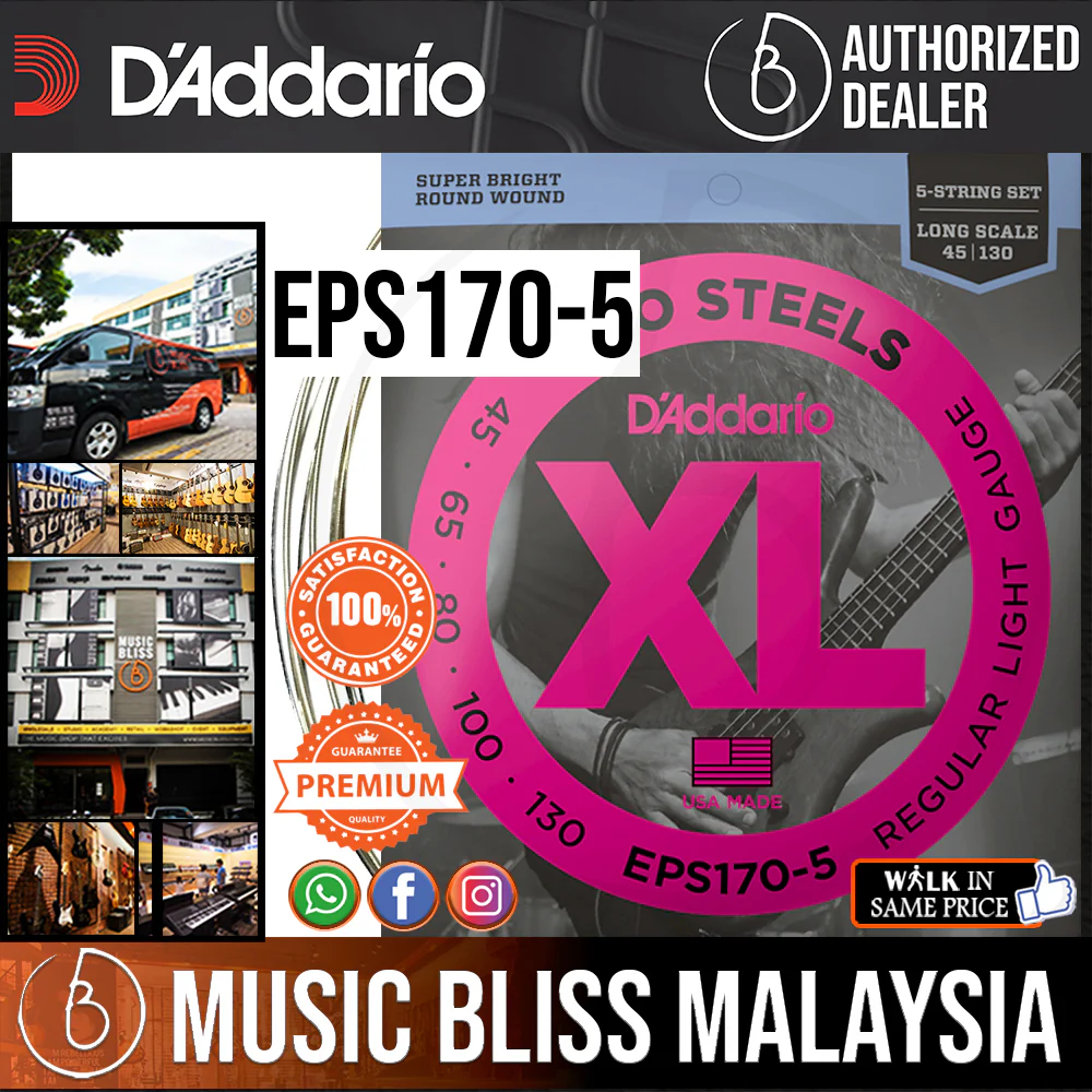 D’Addario EPS170-5 ProSteels 5-String Long Scale Bass Strings - .045-.130 Light