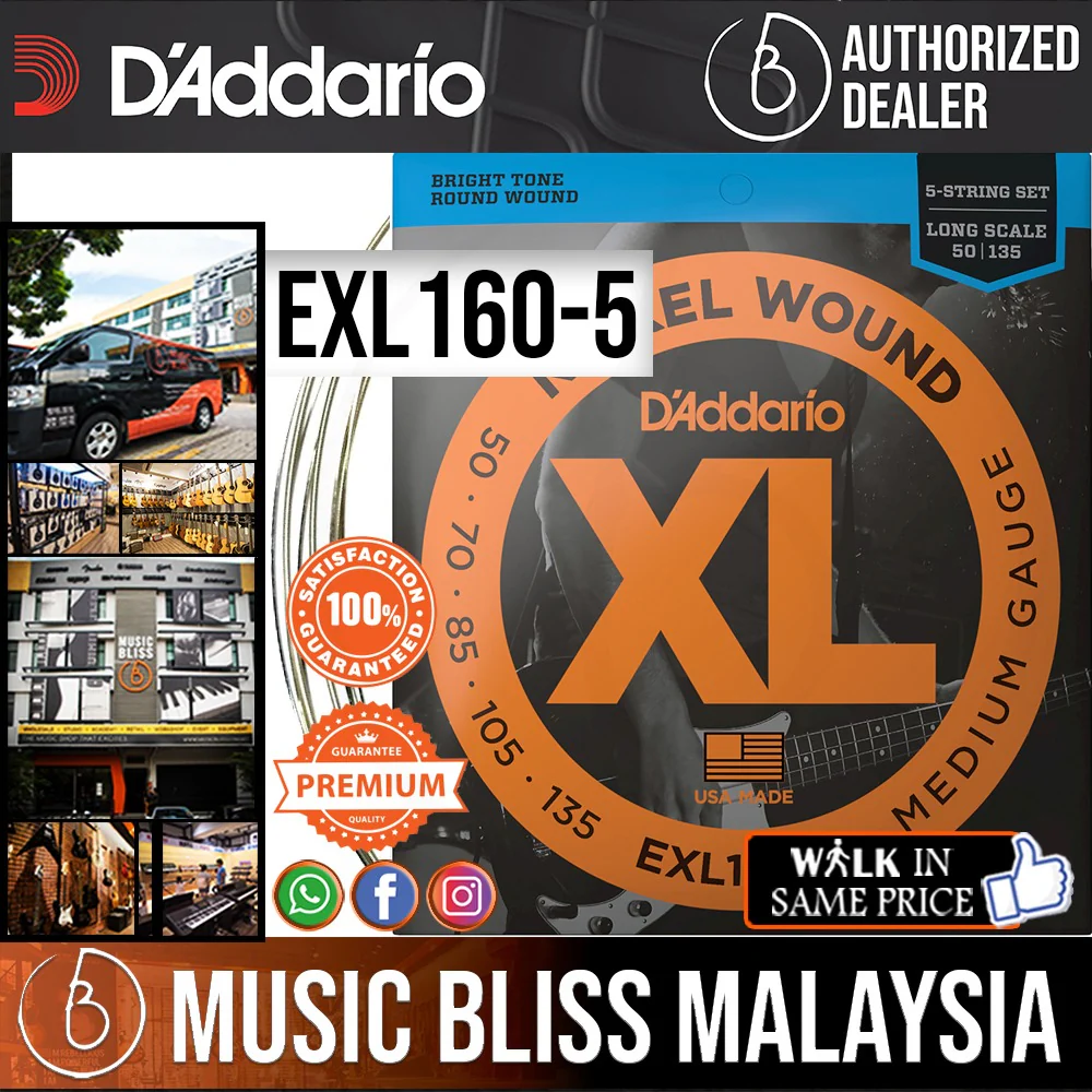 D'Addario EXL160-5 Nickel Wound Bass Guitar Strings - .050-.135 Medium Long Scale 5-string - .050-.135