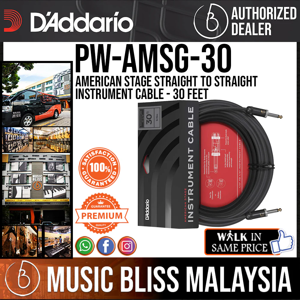 D'Addario PW-AMSG-30 American Stage Straight to Straight Instrument Cable - 30 feet