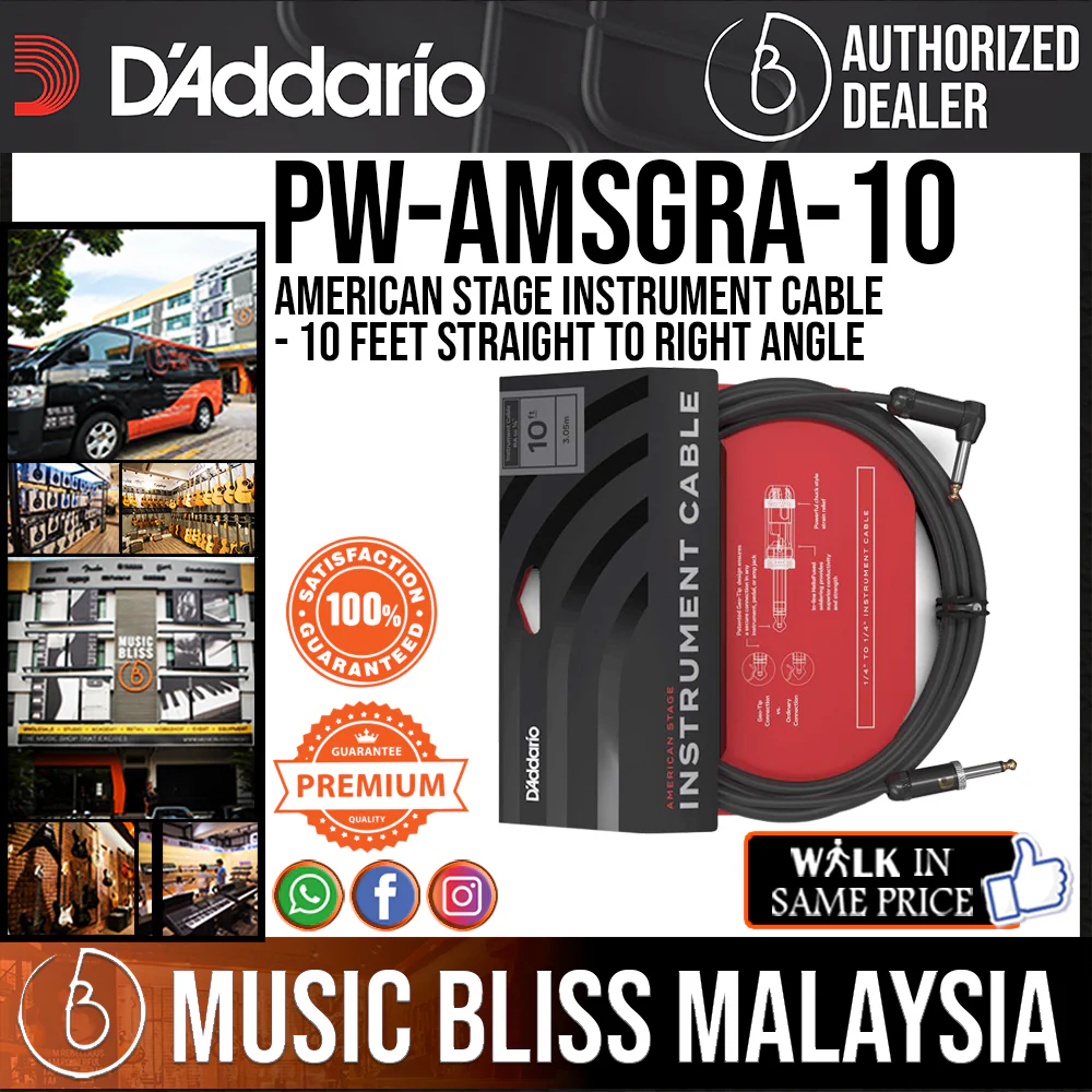 D'Addario PW-AMSGRA-10 American Stage Instrument Cable - 10 feet Straight to Right Angle