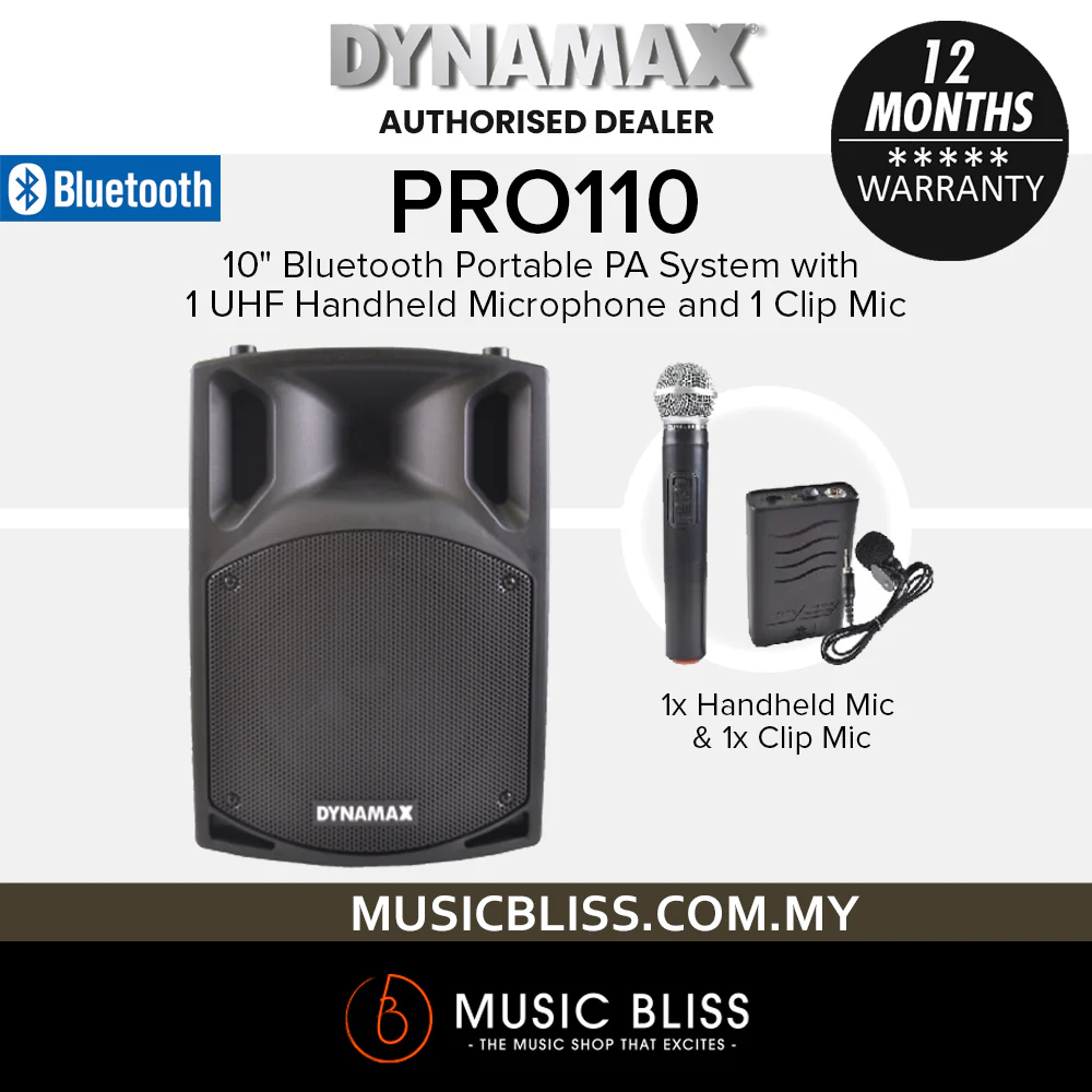 Dynamax PRO110 10" Bluetooth Portable PA System with 1 UHF Handheld Microphone and 1 Clip Mic