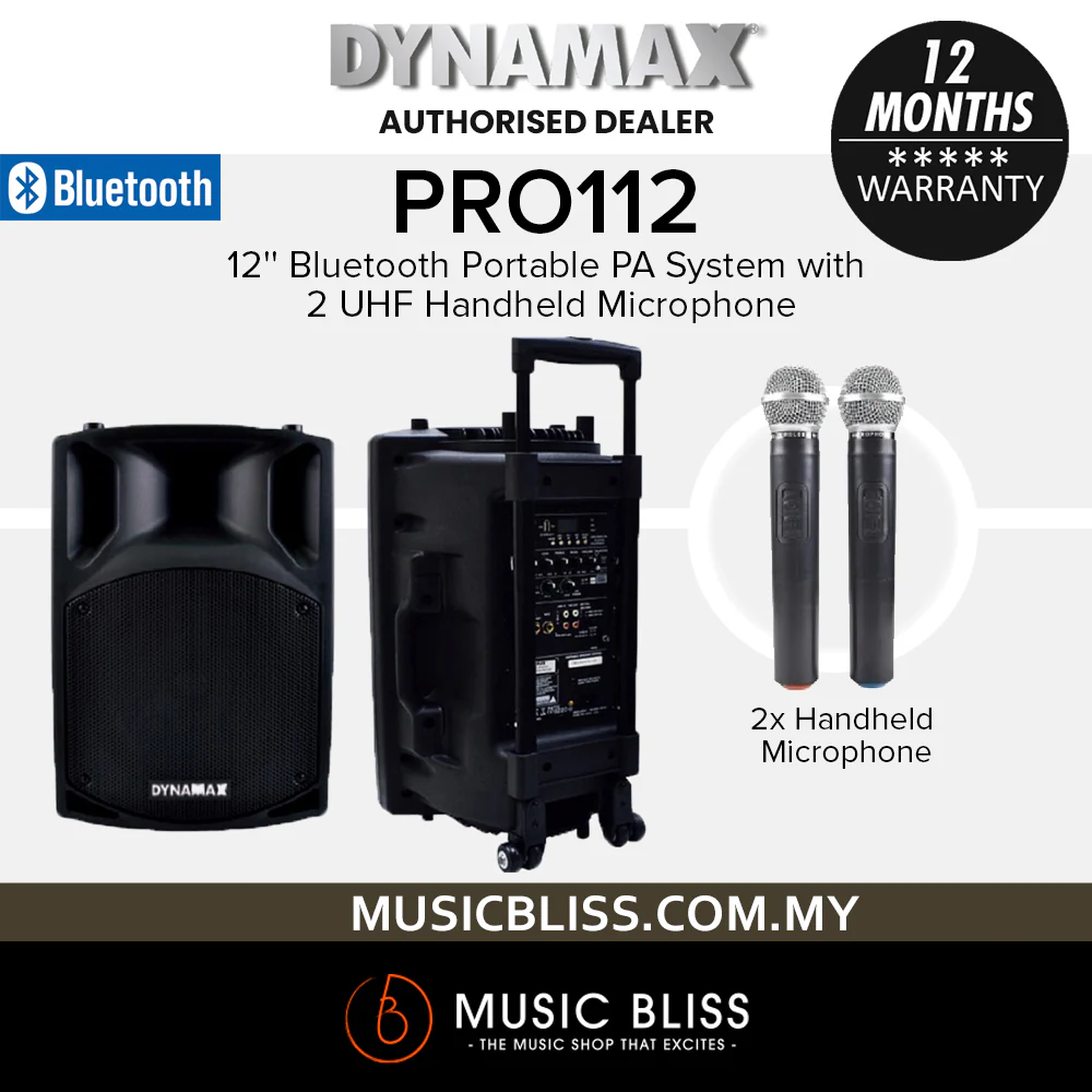 Dynamax PRO112 12'' Bluetooth Portable PA System with 2 UHF Handheld Microphone